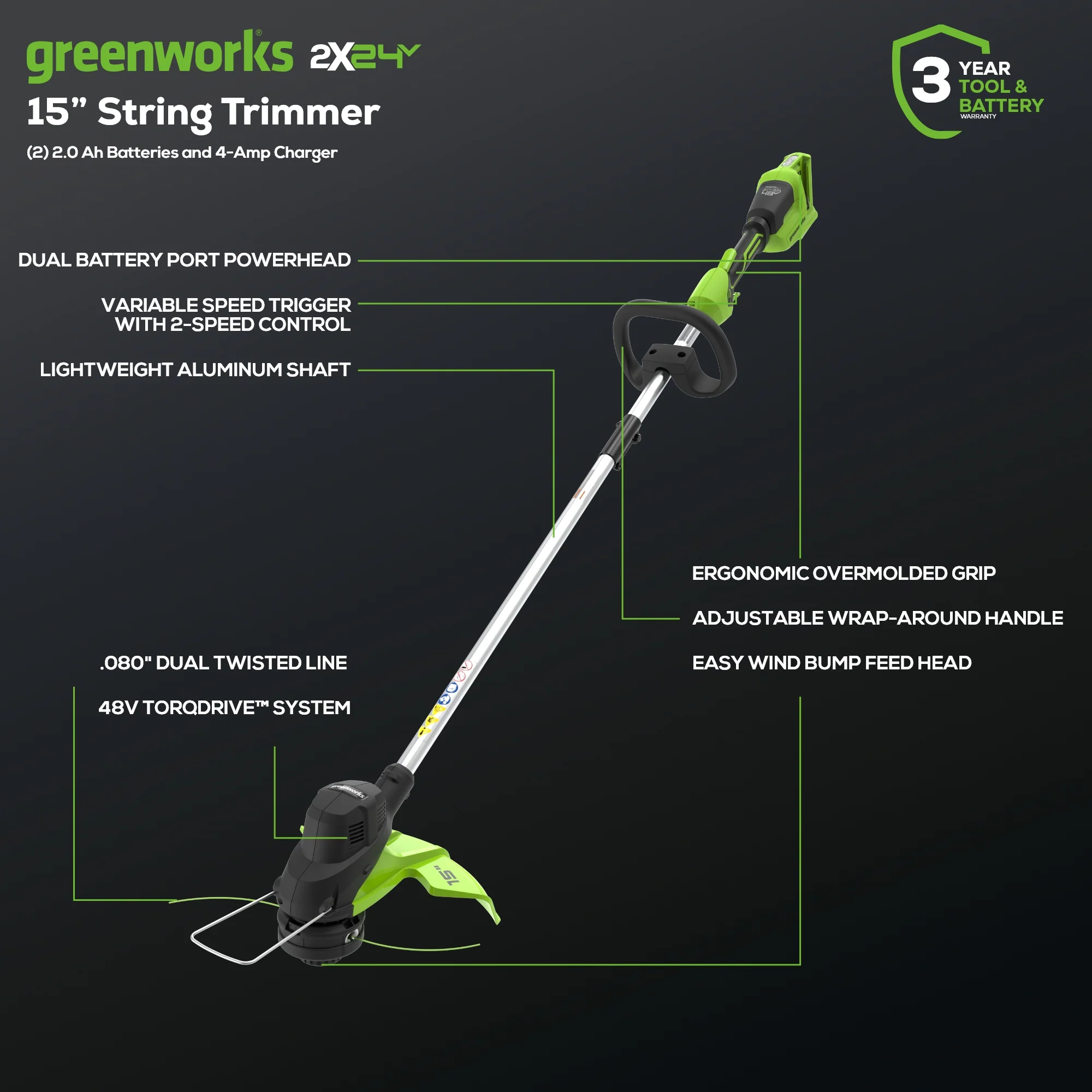 48V (2x24V) 15 Cordless Battery TORQDRIVE™ String Trimmer w/ (2) 2.0Ah USB Batteries & Charger