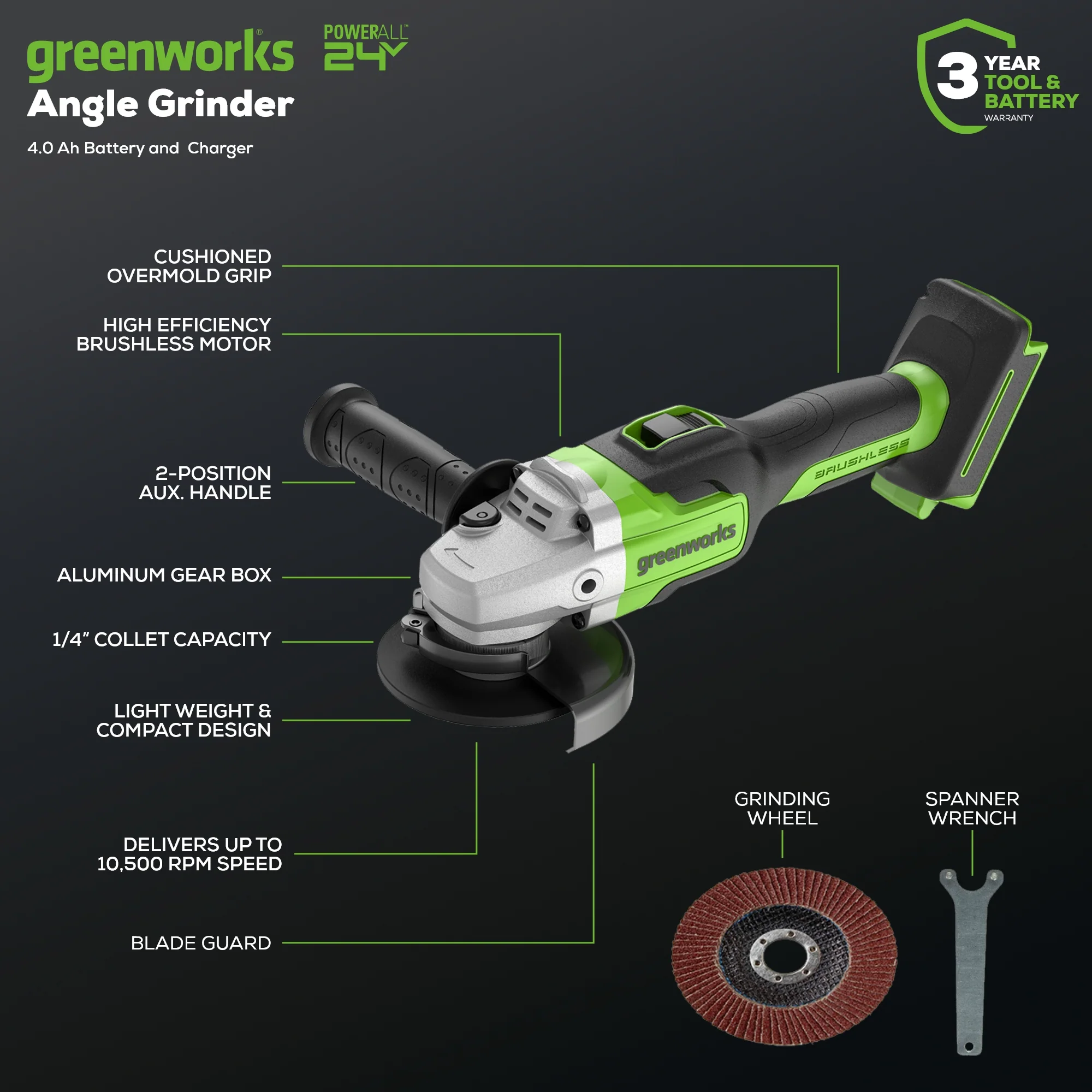 24V 4.5 Cordless Battery Angle Grinder w/ 4.0Ah Battery & Charger