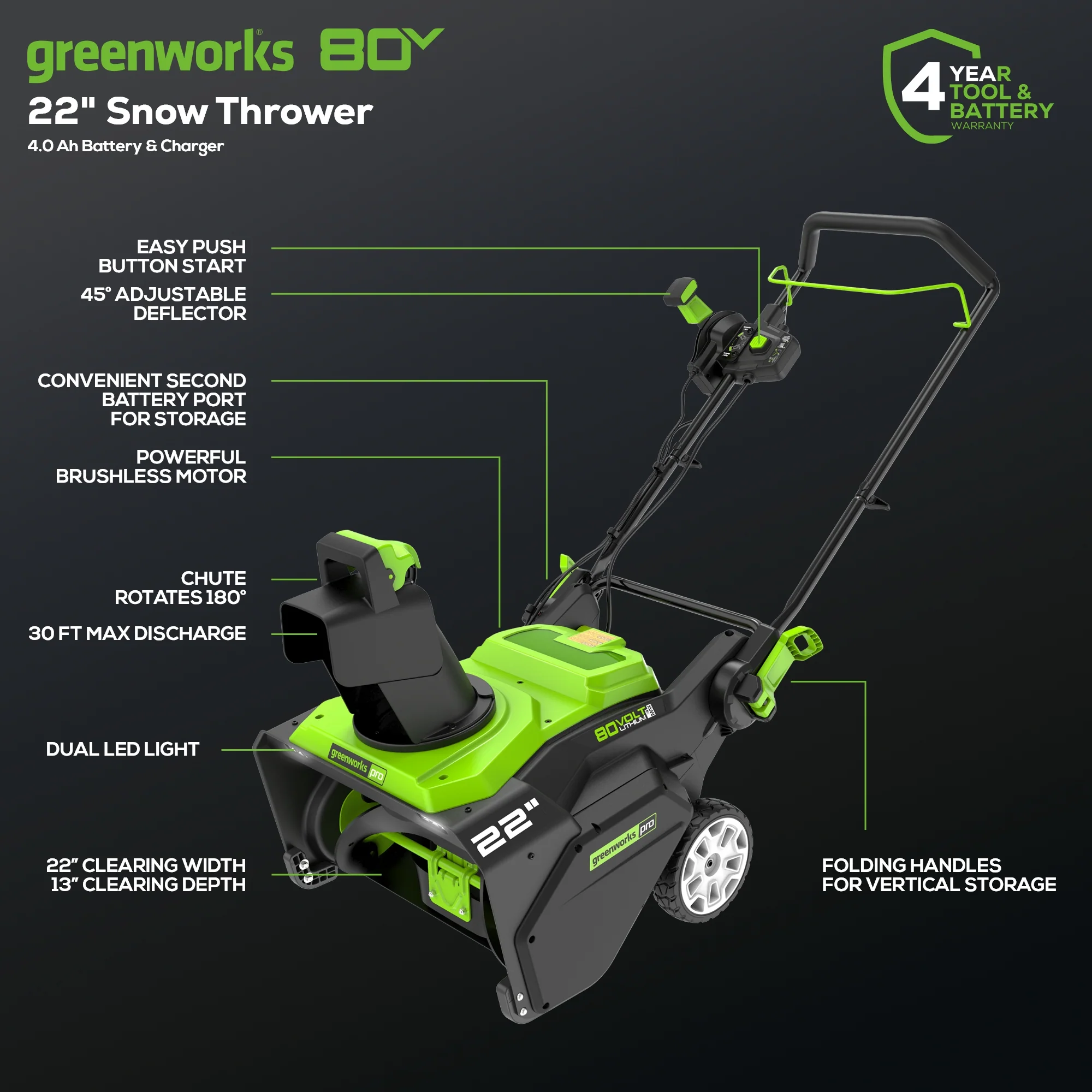 80V 22 Cordless Battery Single-Stage Snow Blower w/ 4.0 Ah Battery & Charger