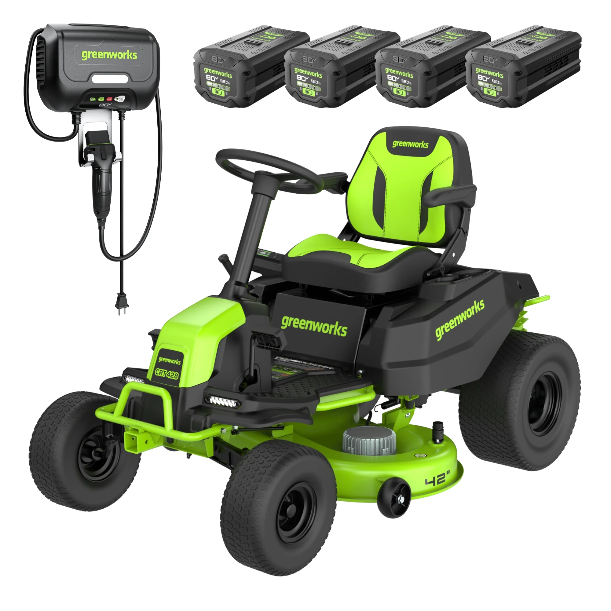 80V 42 Cordless Battery CrossoverT Riding Lawn Mower w/ Four (4) 5.0Ah Batteries & 600W Wall Charger