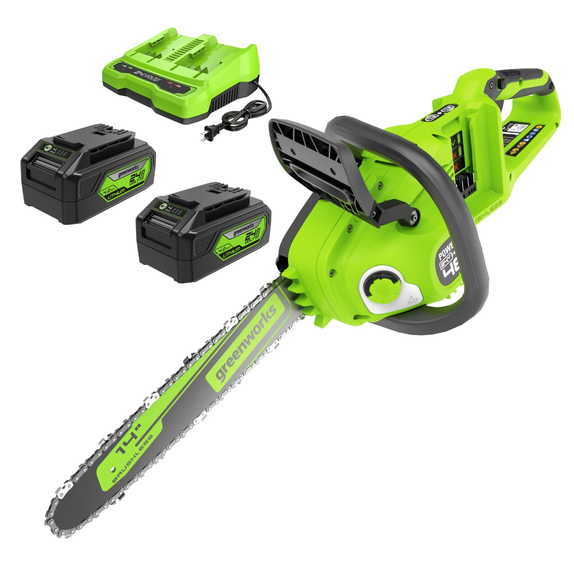 48V (2x24V) 14 Cordless Battery Chainsaw w/ Two (2) 4.0 Ah USB Batteries & Dual Port Charger