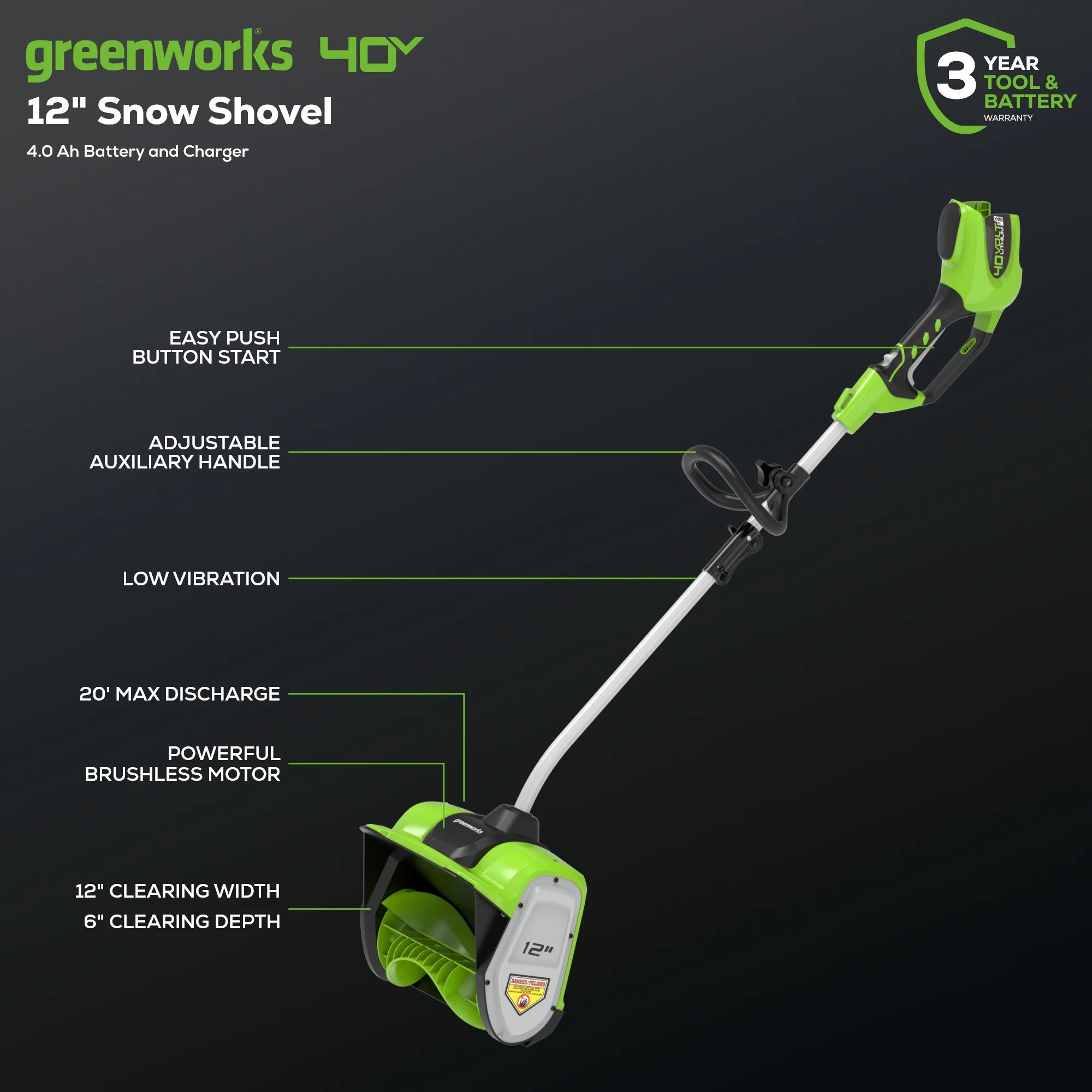 40V 12 Cordless Battery Snow Shovel w/ 4.0Ah Battery & Charger
