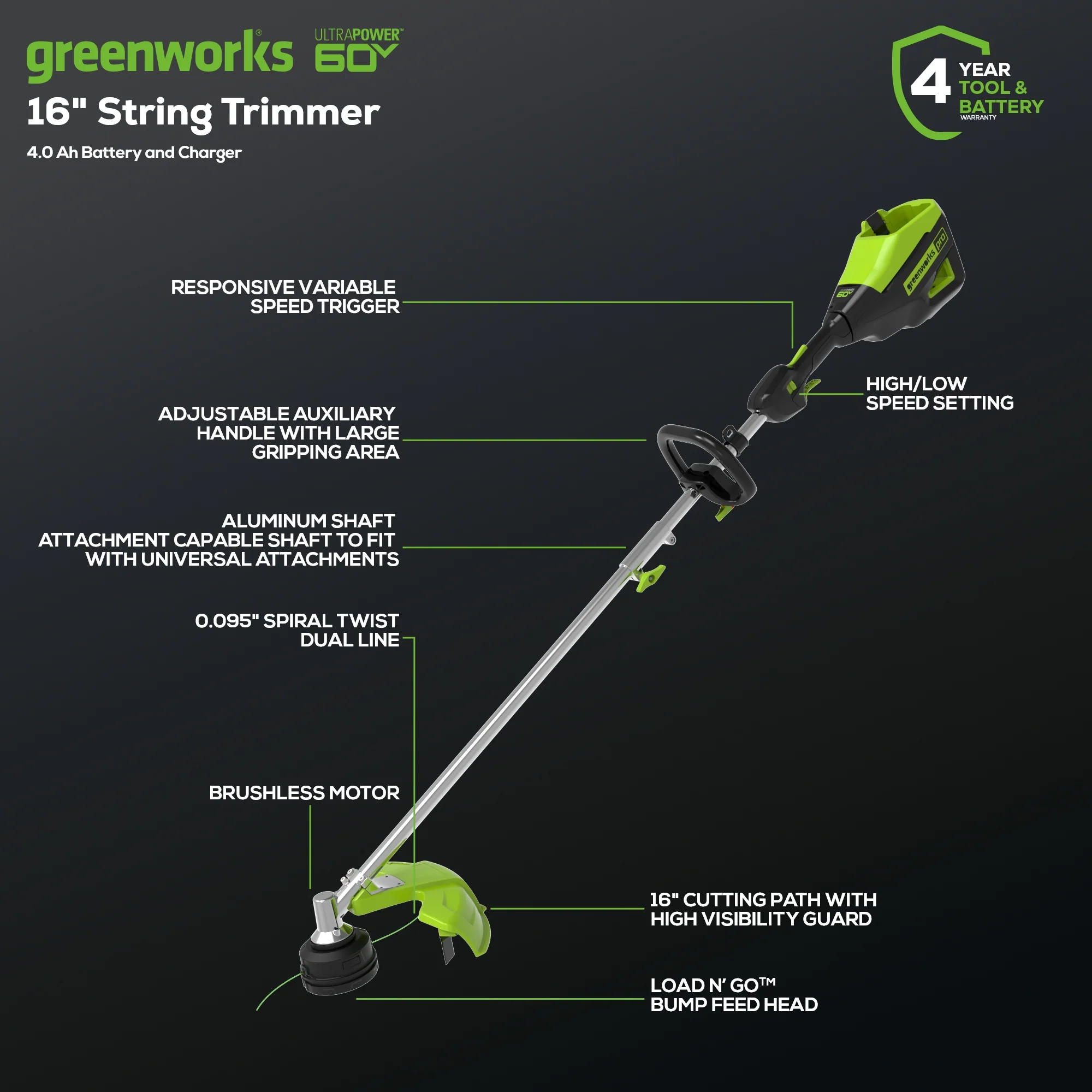 60V 16 Cordless Battery String Trimmer (Attachment Capable) w/ 4.0 Ah Battery & Charger
