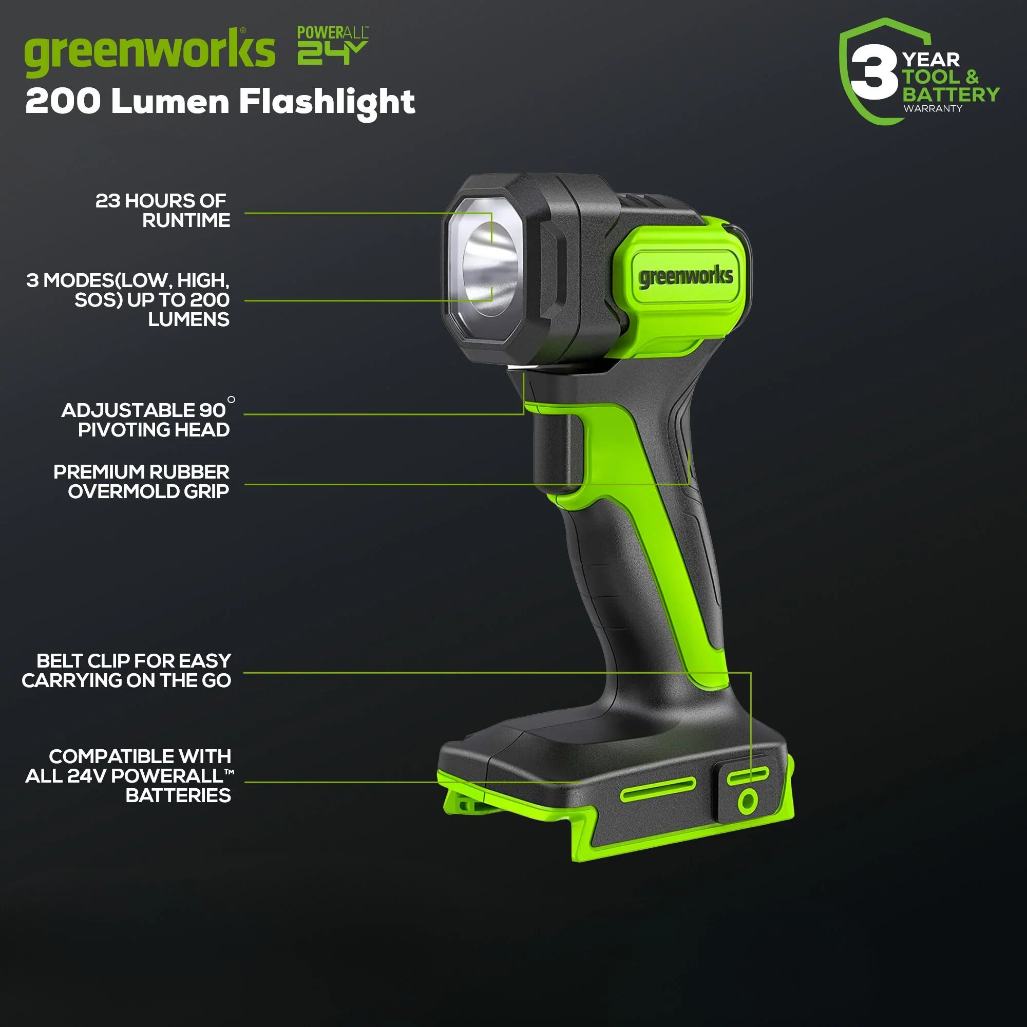 24V 200 Lumen Cordless Battery LED Flashlight (Tool Only)