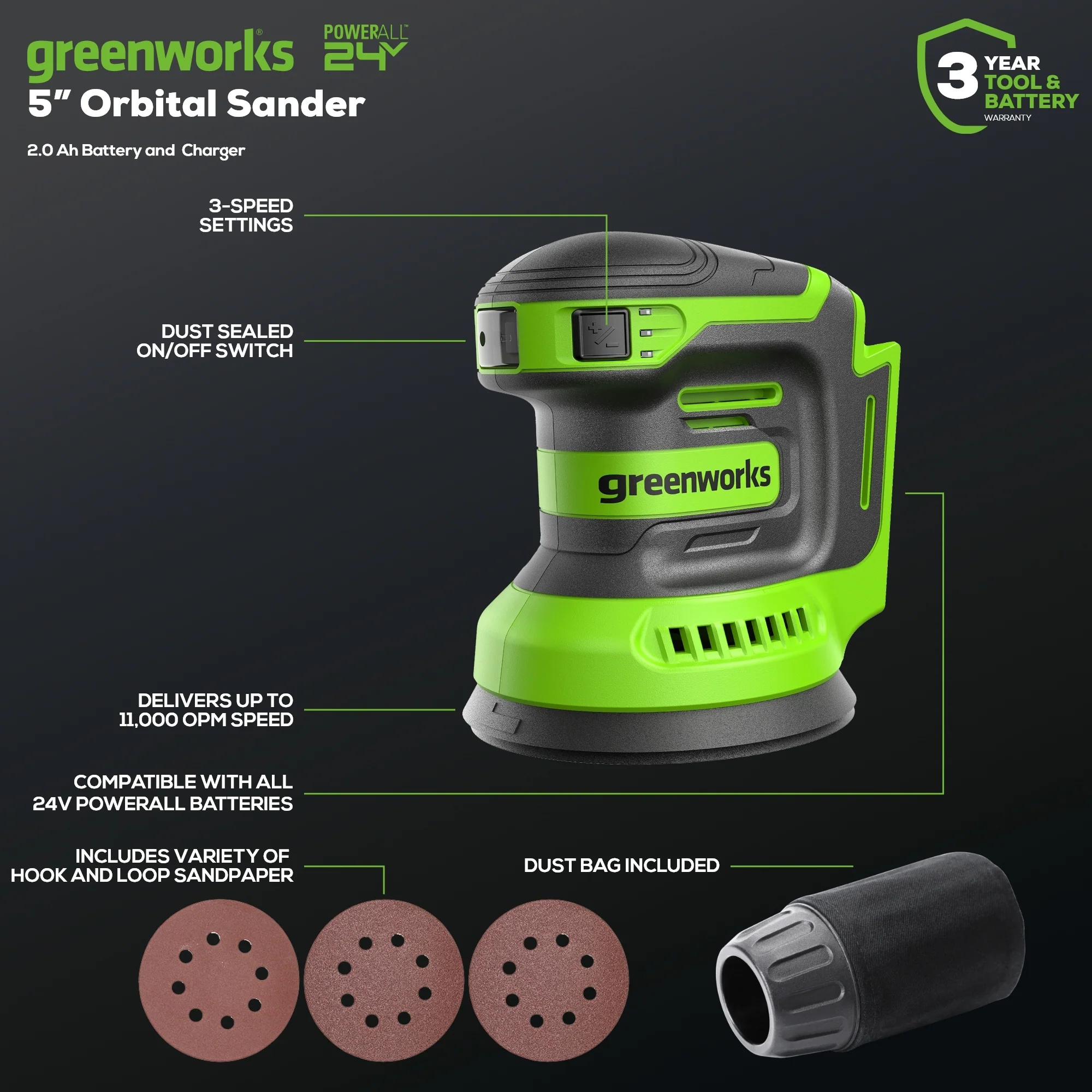 24V 5 Cordless Battery Orbital Sander w/ 2.0Ah Battery & Charger