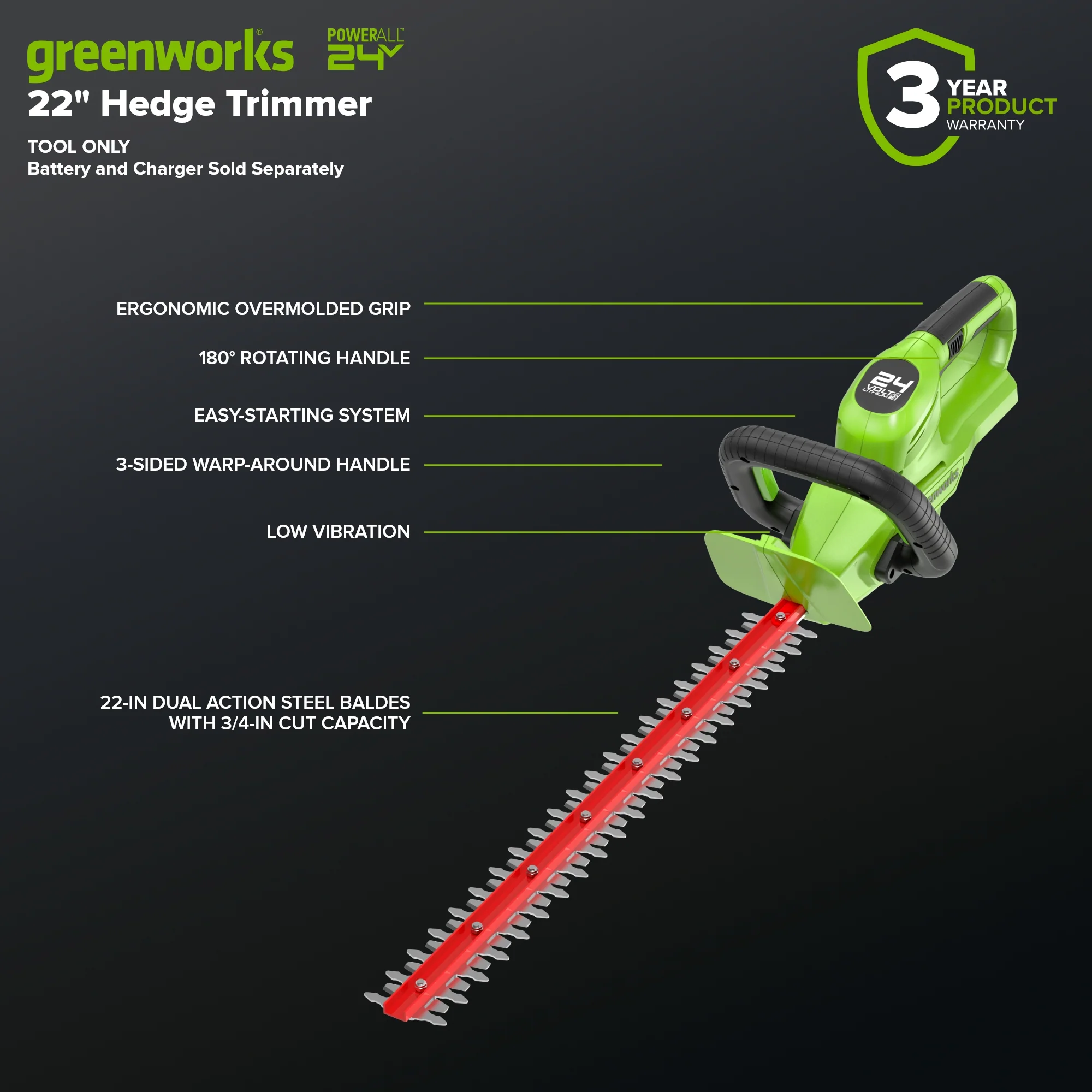24V 22 Cordless Battery Hedge Trimmer 2800 SPM w/ 4.0Ah USB Battery & Charger