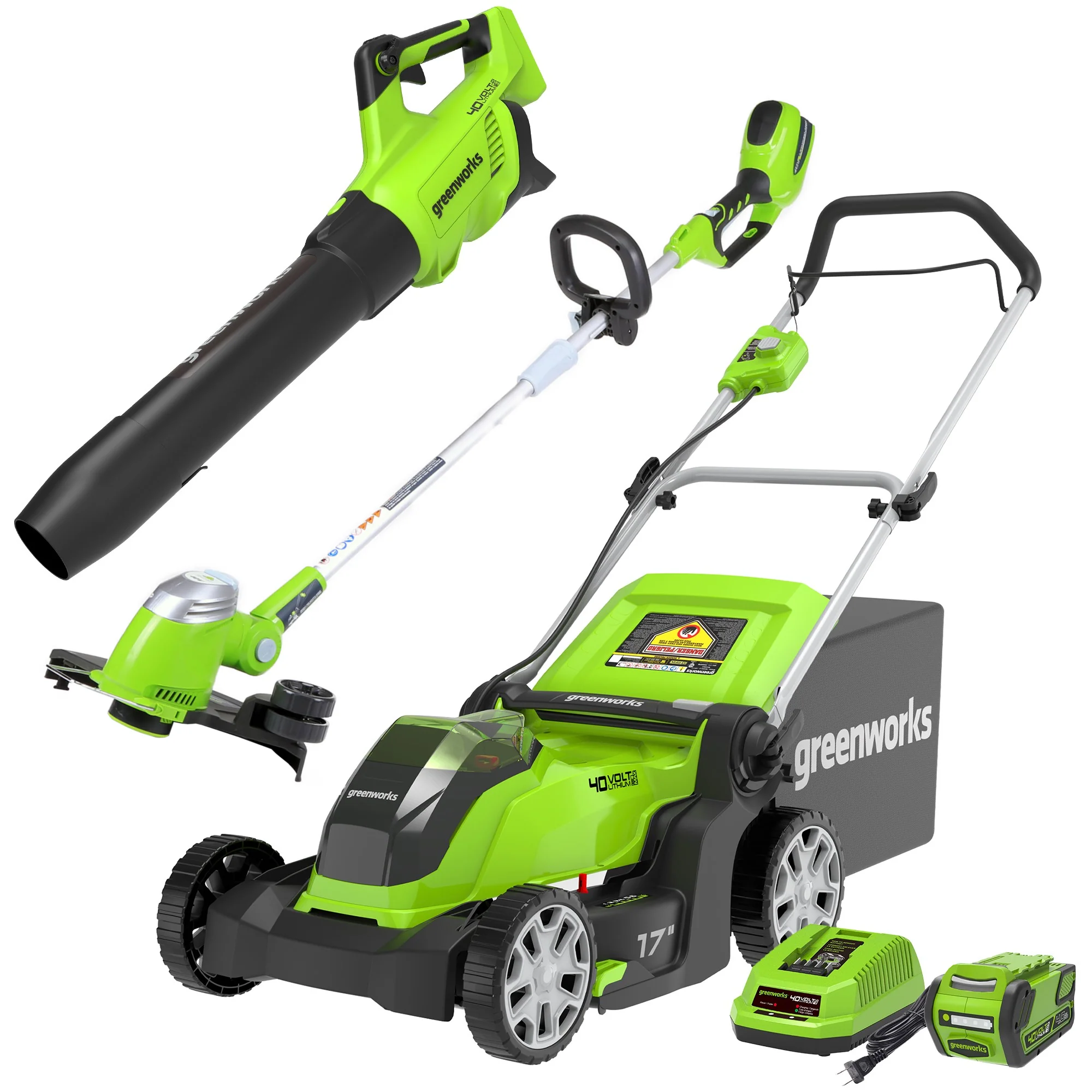 40V 17 Push Mower, 13 String Trimmer & 390 CFM Blower Combo Kit w/ 4.0Ah Battery & Charger