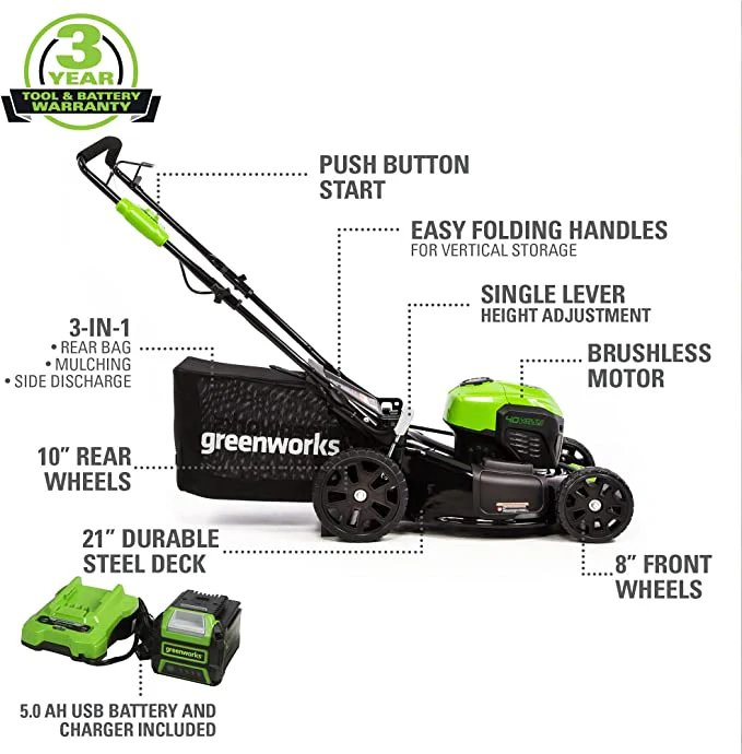 40V 21 Cordless Battery Brushless Push Lawn Mower w/ 5.0Ah USB Battery & Charger