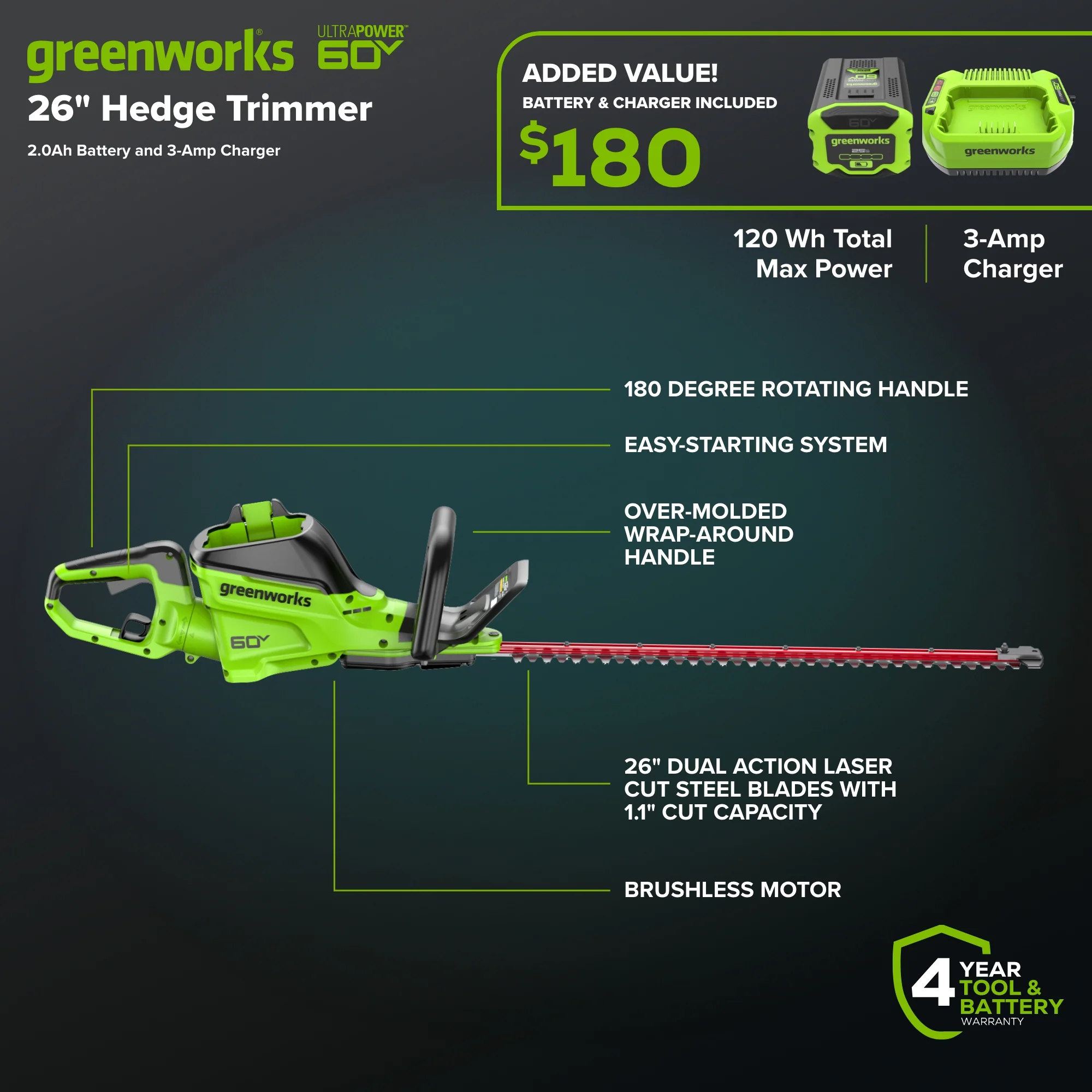 60V 26 Cordless Battery Hedge Trimmer 4000 SPM w/ 2Ah Battery and 3A Charger