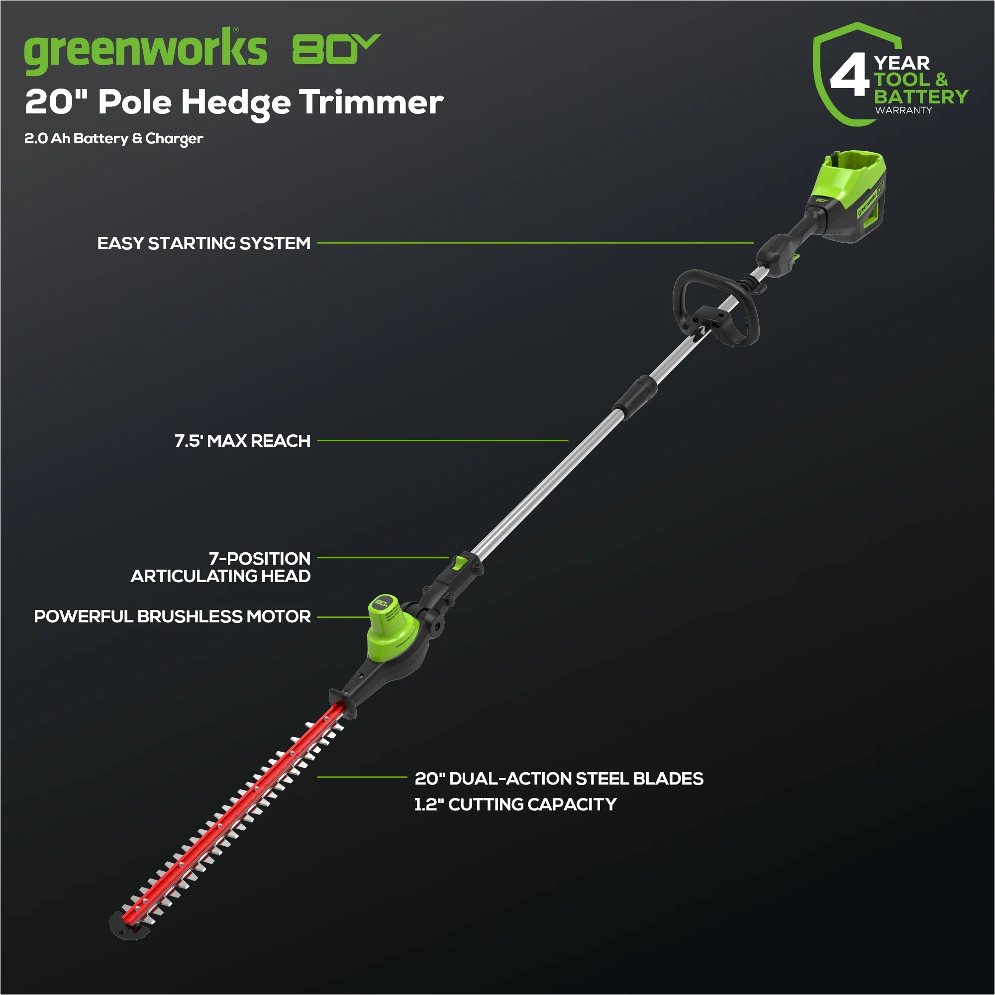 80V 20 Cordless Battery Pole Hedge Trimmer (1.2 cut, 3200 SPM) w/ 2.0Ah Battery & Charger