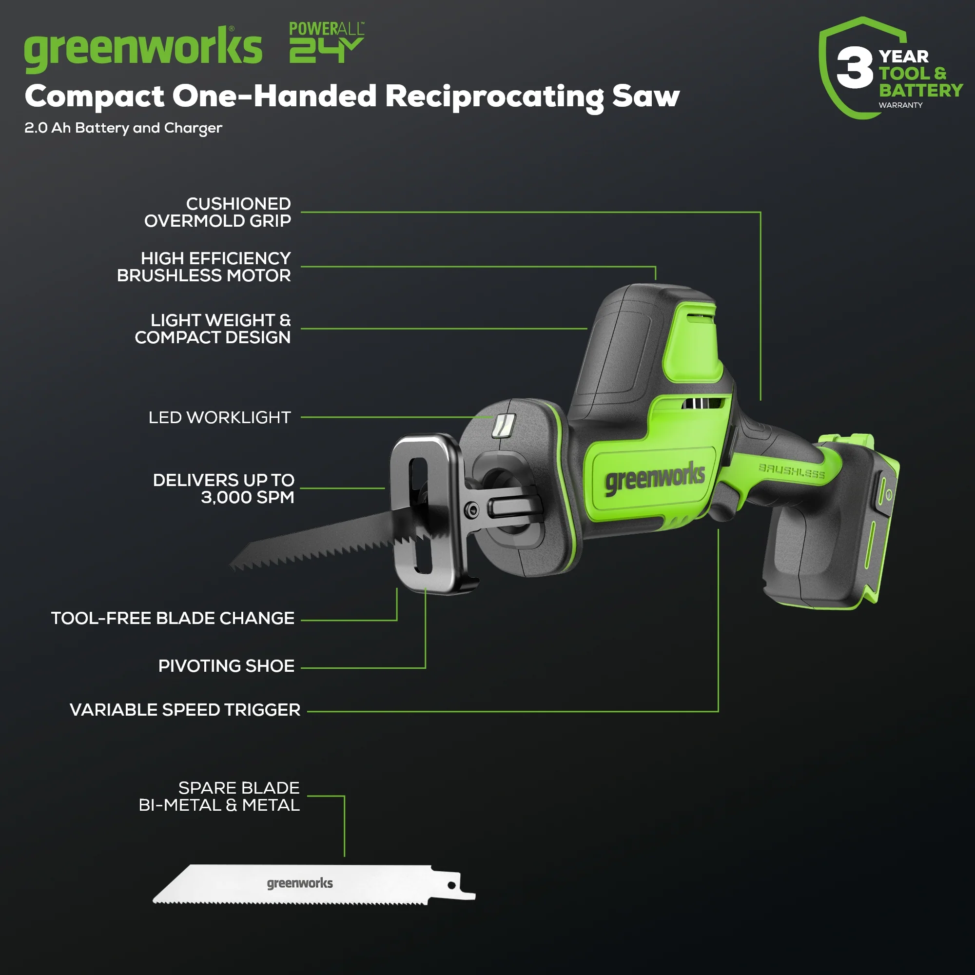 24V 1 One-Handed Compact Reciprocating Saw w/ 2.0Ah Battery & Charger