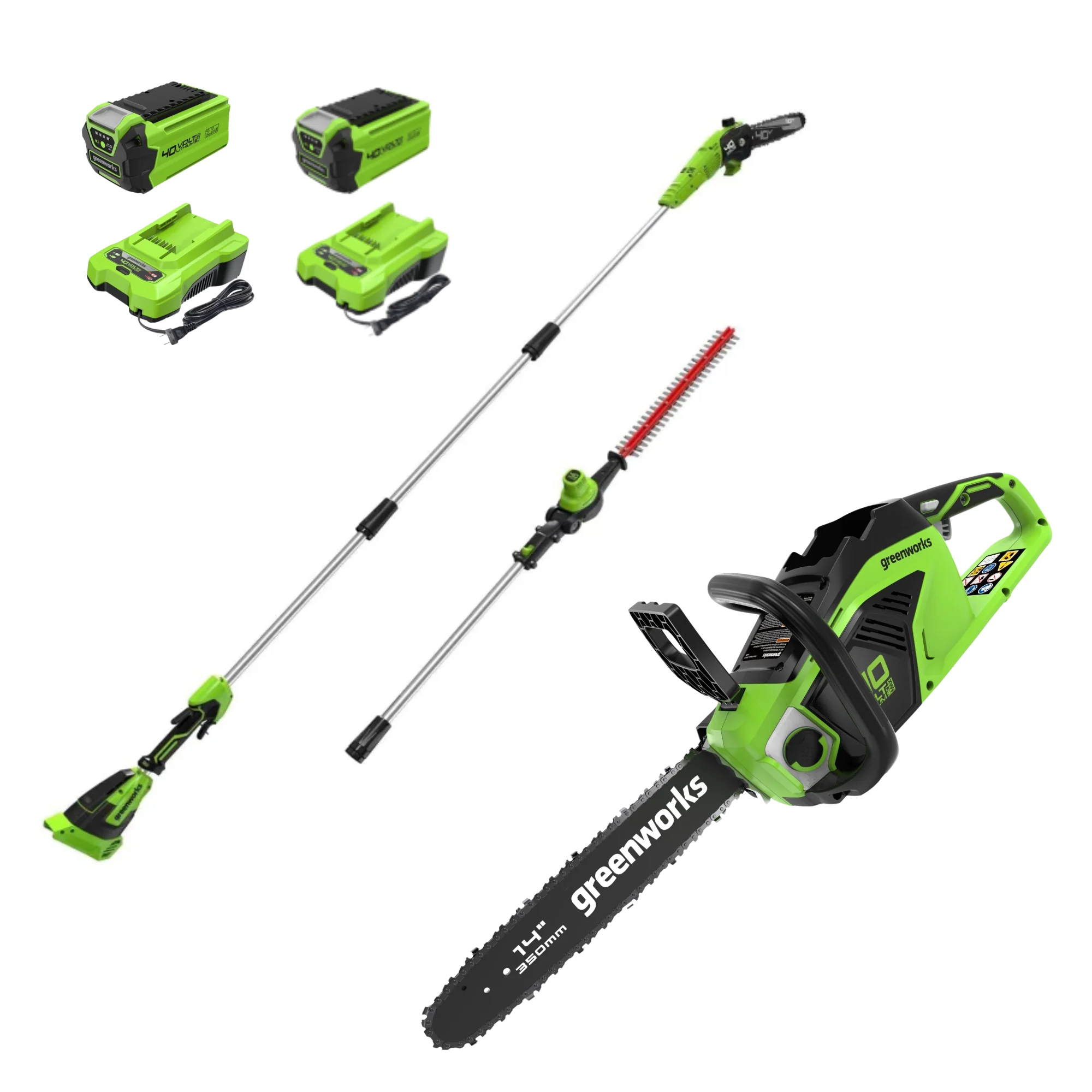 40V 14 Cordless Battery 1.0kW Chainsaw & 10 Pole Saw & Hedge Trimmer Attachment w/ (2) 2.5Ah Battery & (2) Chargers