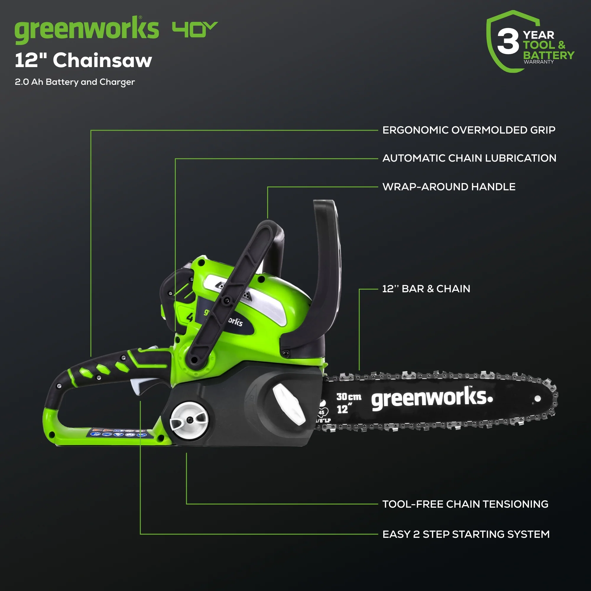 40V 12 Cordless Battery Chainsaw w/ 2.0 Ah Battery & Charger