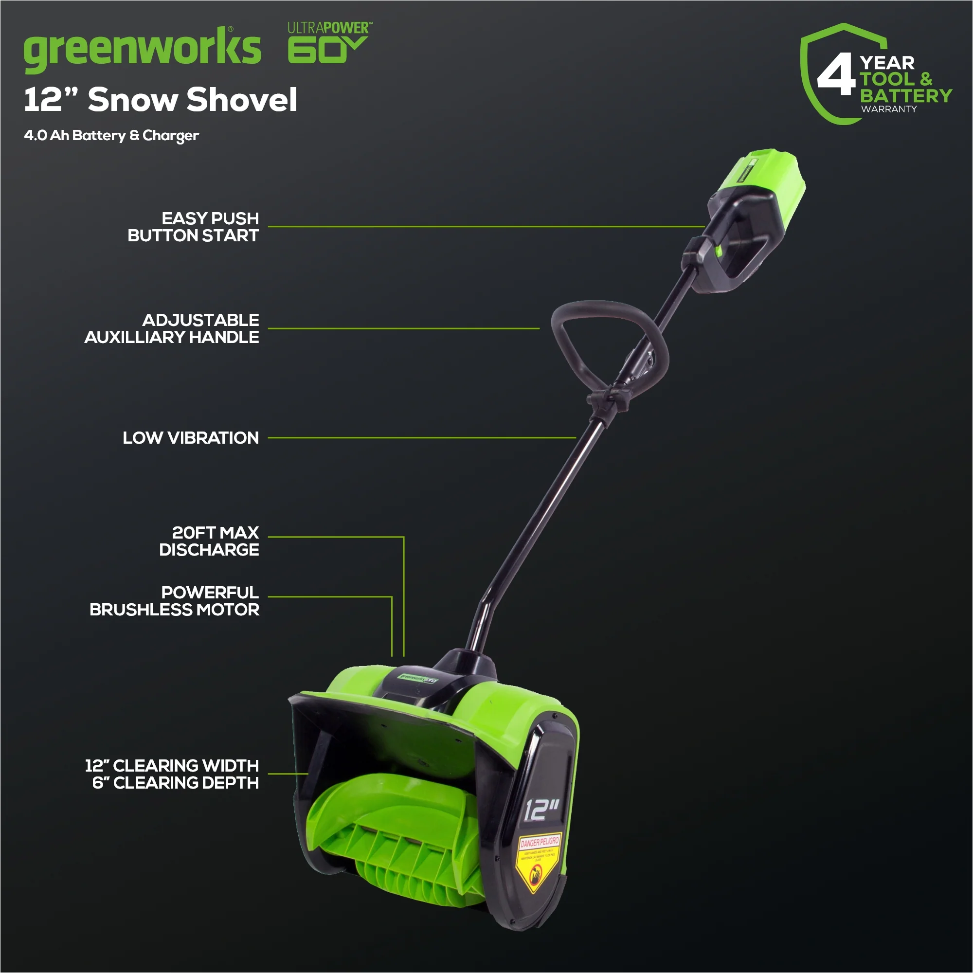 60V 12 Cordless Battery Snow Shovel w/ 4.0Ah Battery & Charger
