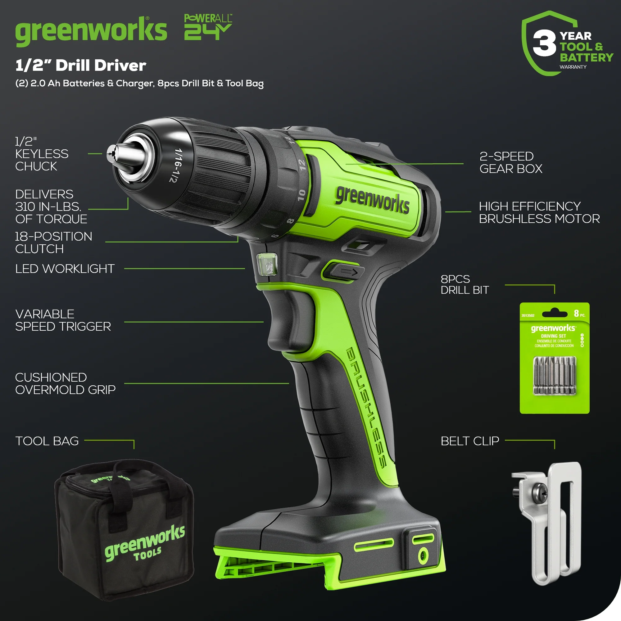 24V Brushless 1/2 310 in/lbs Drill Kit w/ (2) 2Ah Batteries and Charger, 8-piece Bit Set and Tool Bag Included