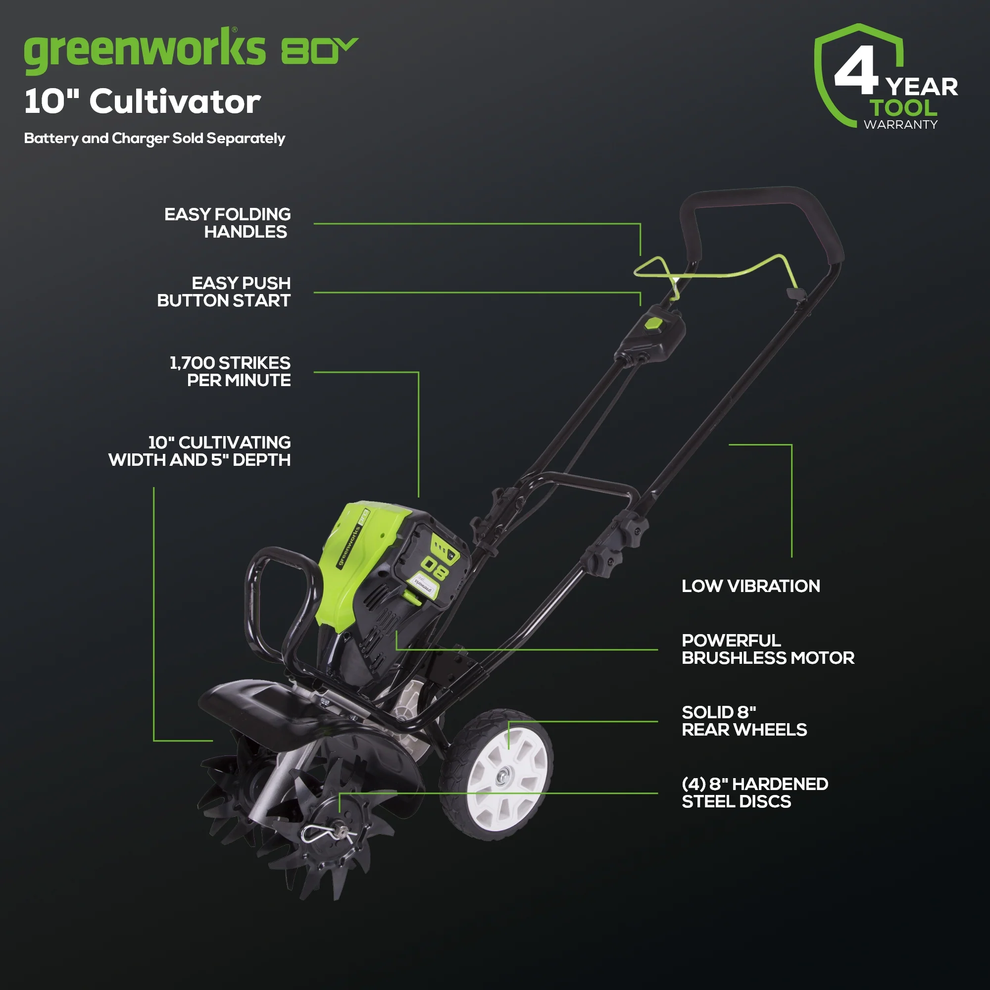 80V 10 Cordless Battery Cultivator / Tiller (Tool Only)