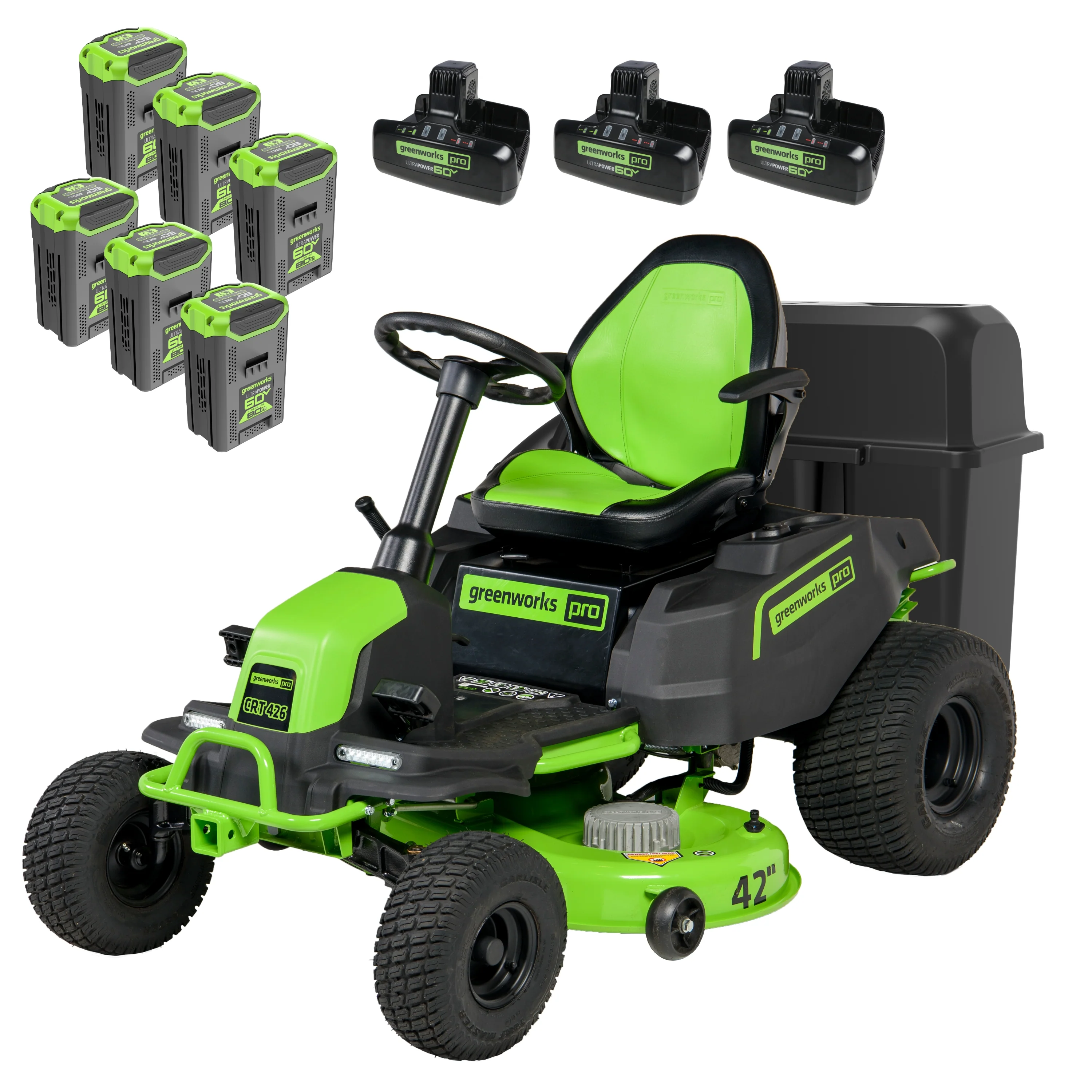 60V 42 Cordless Battery CrossoverT Riding Lawn Mower + Bagger w/ Six (6) 8.0Ah Batteries and Three (3) Dual Port Turbo Chargers