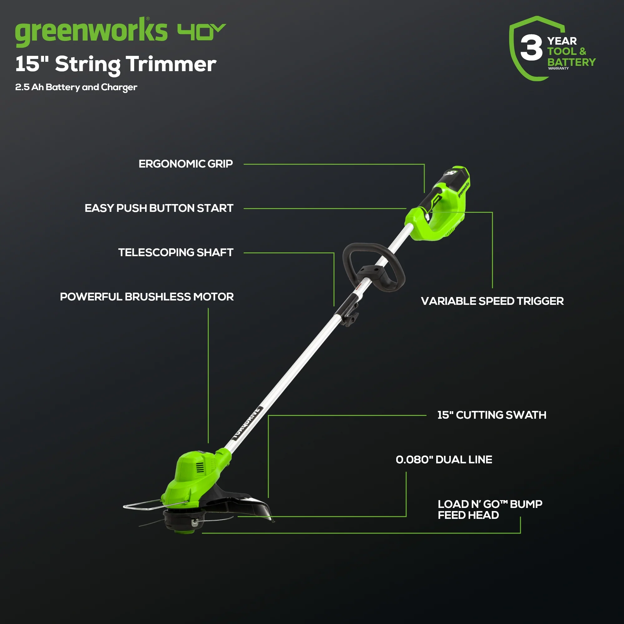 40V 15 Cordless Battery String Trimmer/Blower Combo Kit w/ 2.5Ah Battery & Charger