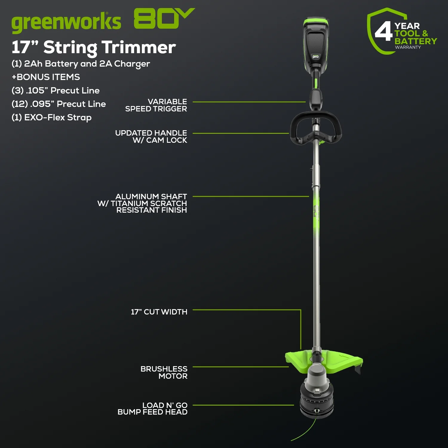 80V 17 Brushless String Trimmer Shoulder Strap, Precut Line included w/ 2.0Ah Battery & Charger