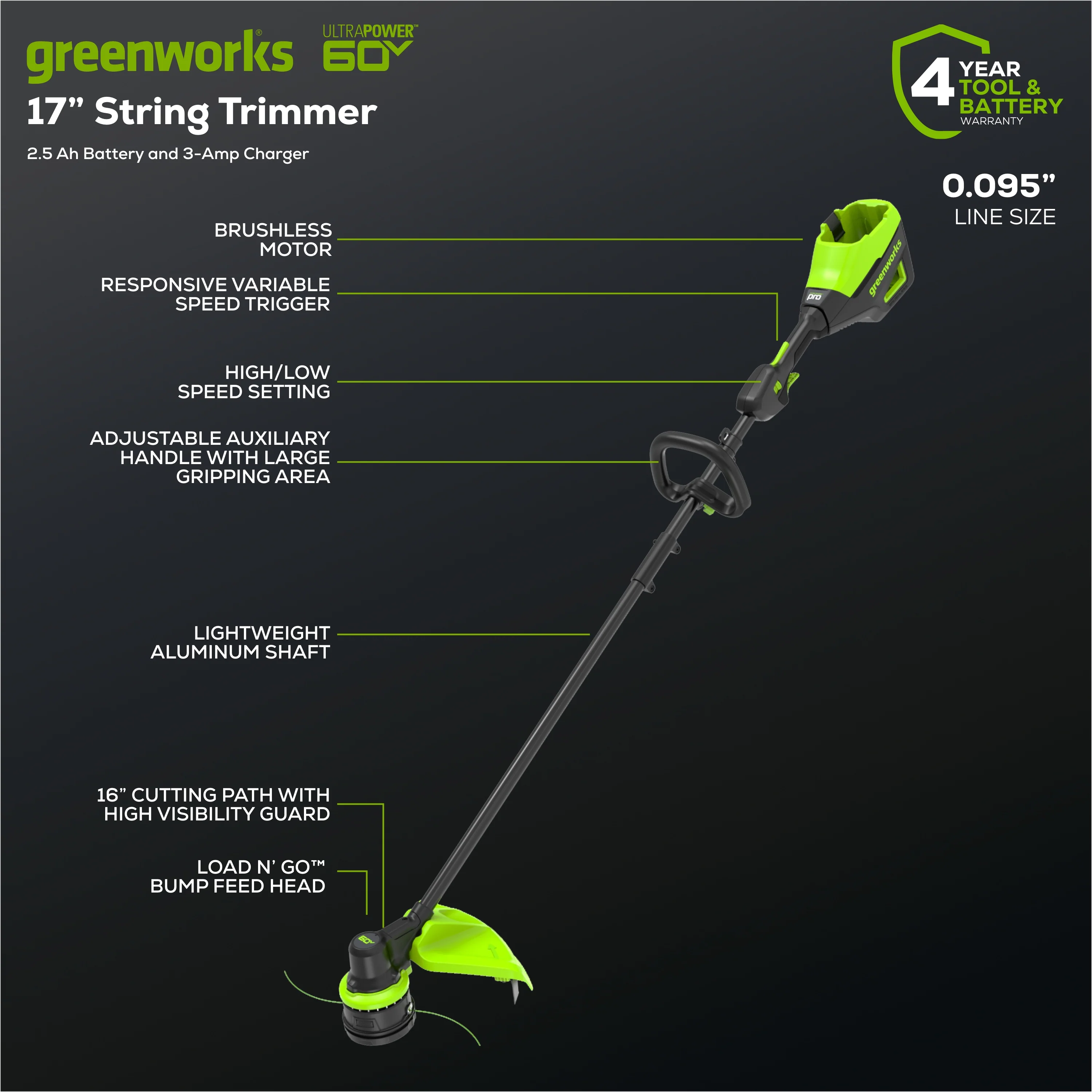 60V 17 Cordless Battery Brushless String Trimmer w/ 2.5Ah Battery & Charger