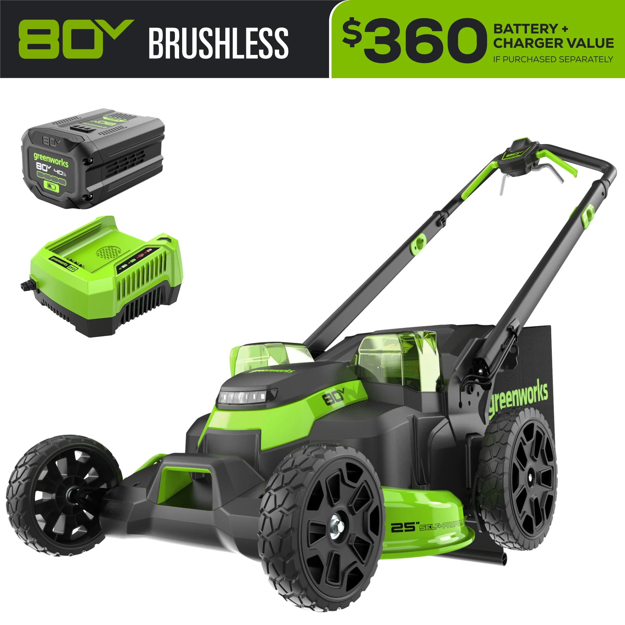 80V 25 Cordless Battery Dual Blade Self-Propelled Mower w/ 4.0Ah Battery & Rapid Charger
