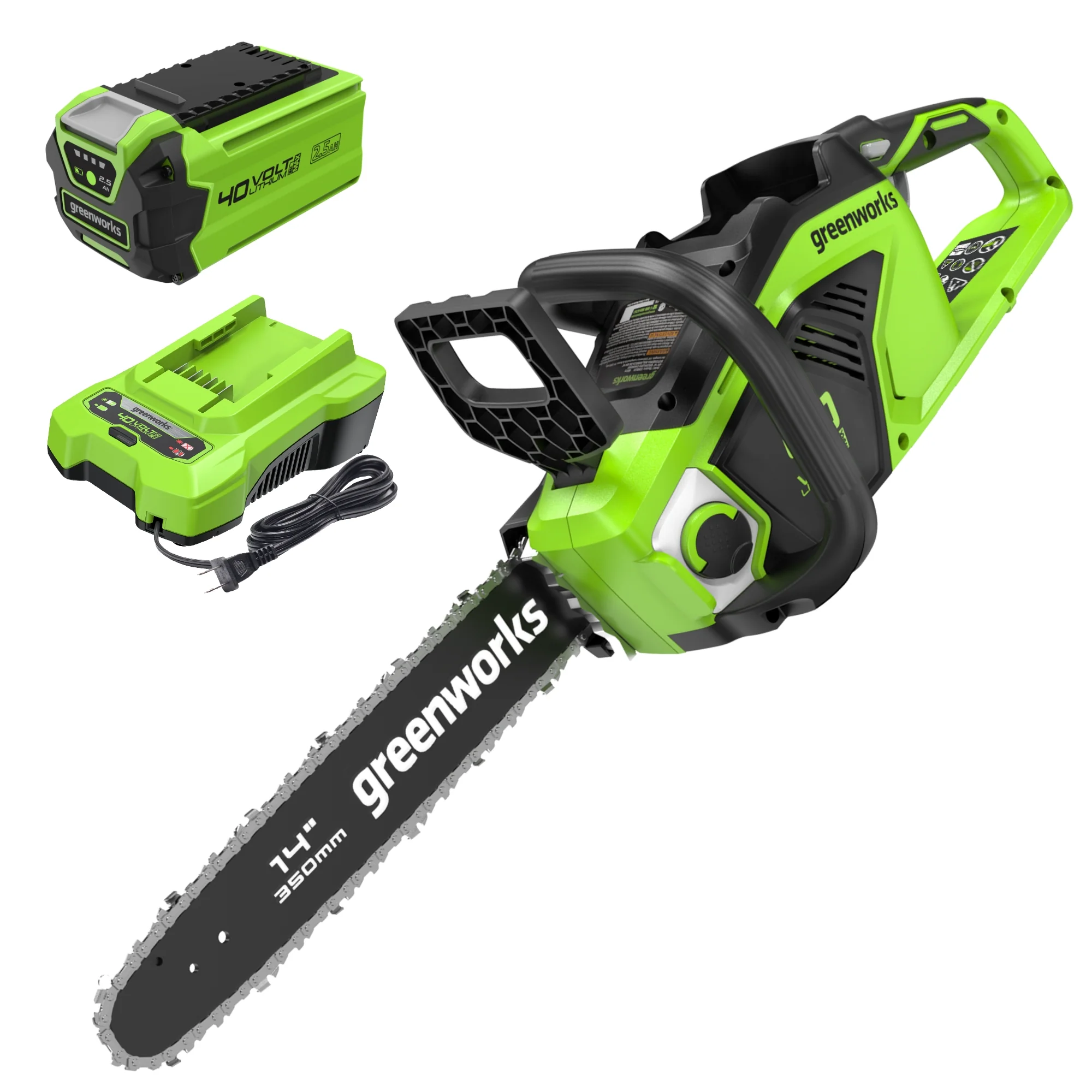 40V 14 Cordless Battery 1.5kW Brushless Chainsaw w/ 2.5Ah USB Battery & Charger