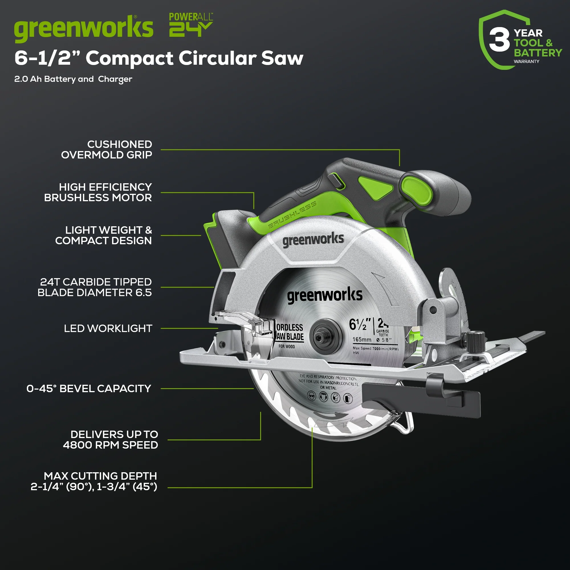 24V 6.5'' Cordless Battery Brushless Circular Saw (Tool Only)
