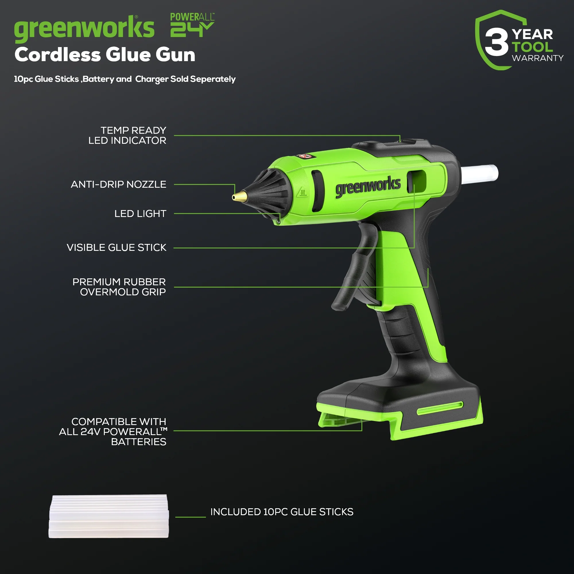 24V Cordless Battery Heat Glue Gun (Tool Only)