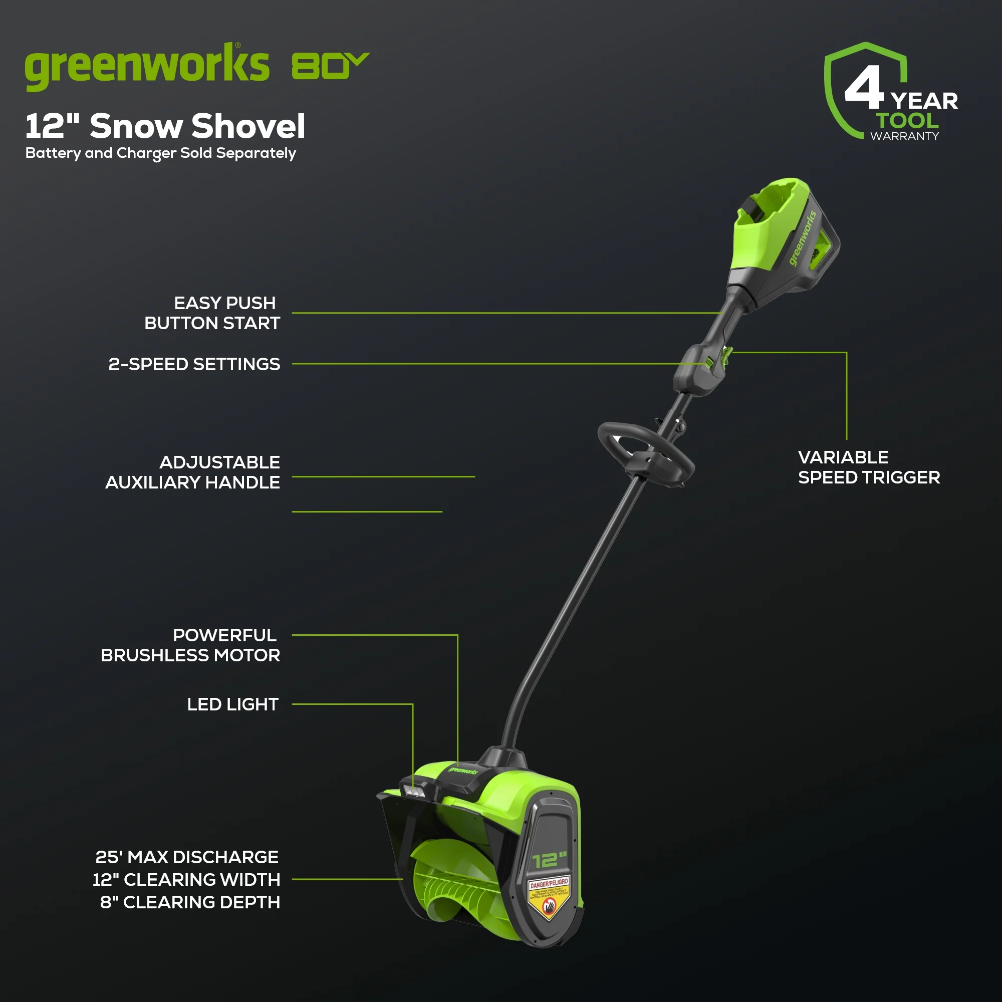 80V 12 Cordless Battery LED Snow Shovel w/ 2.0Ah Battery & Charger