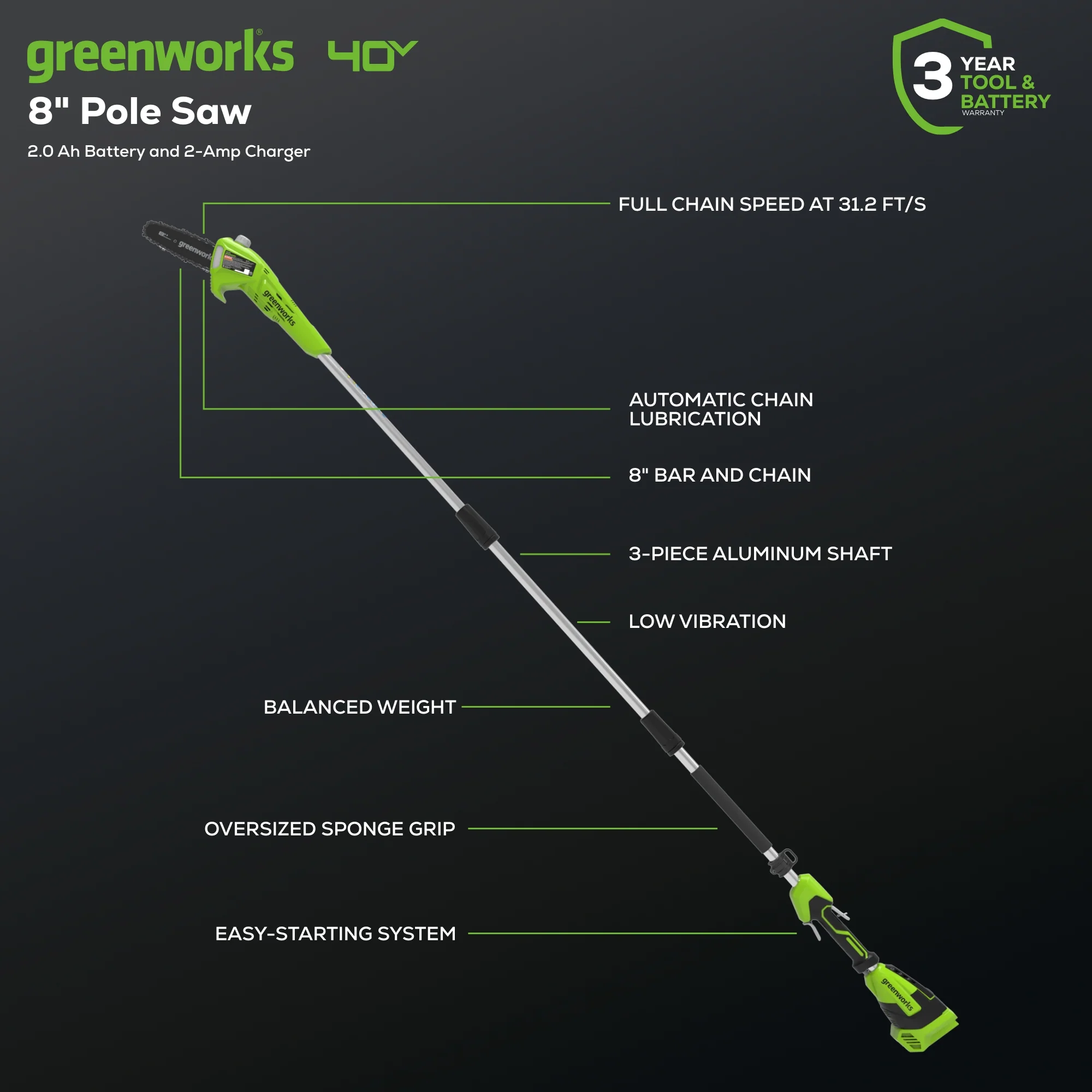 40V 8 Cordless Battery Pole Saw w/ 2.0 Ah Battery & Charger