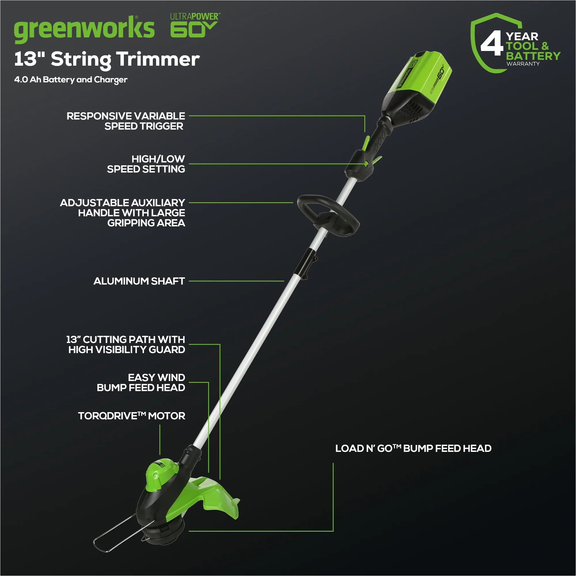 60V 13 Cordless Battery String Trimmer & 540 CFM Leaf Blower Combo Kit w/ 4.0Ah Battery & Charger