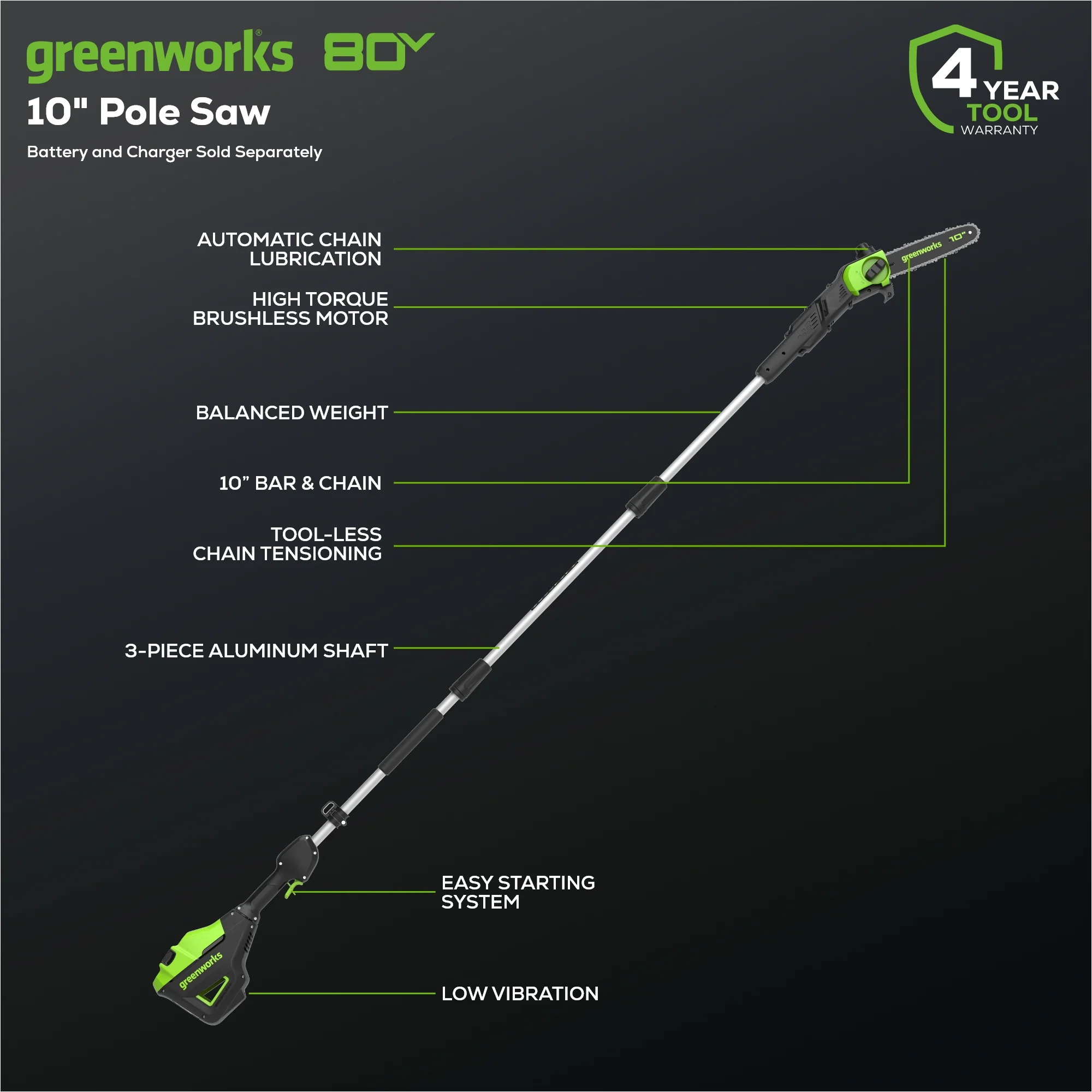 80V 10 Gen2 Cordless Battery Pole Saw (Tool Only)