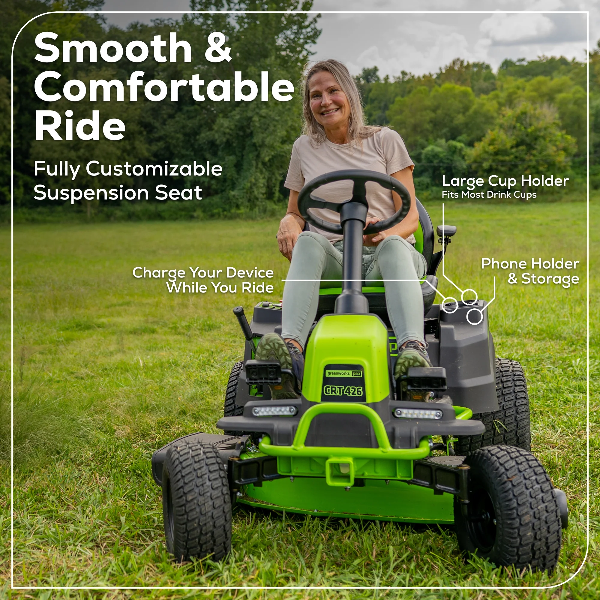60V 42 Cordless Battery CrossoverT Riding Lawn Mower w/ Six (6) 8.0Ah Batteries and Three (3) Dual Port Turbo Chargers