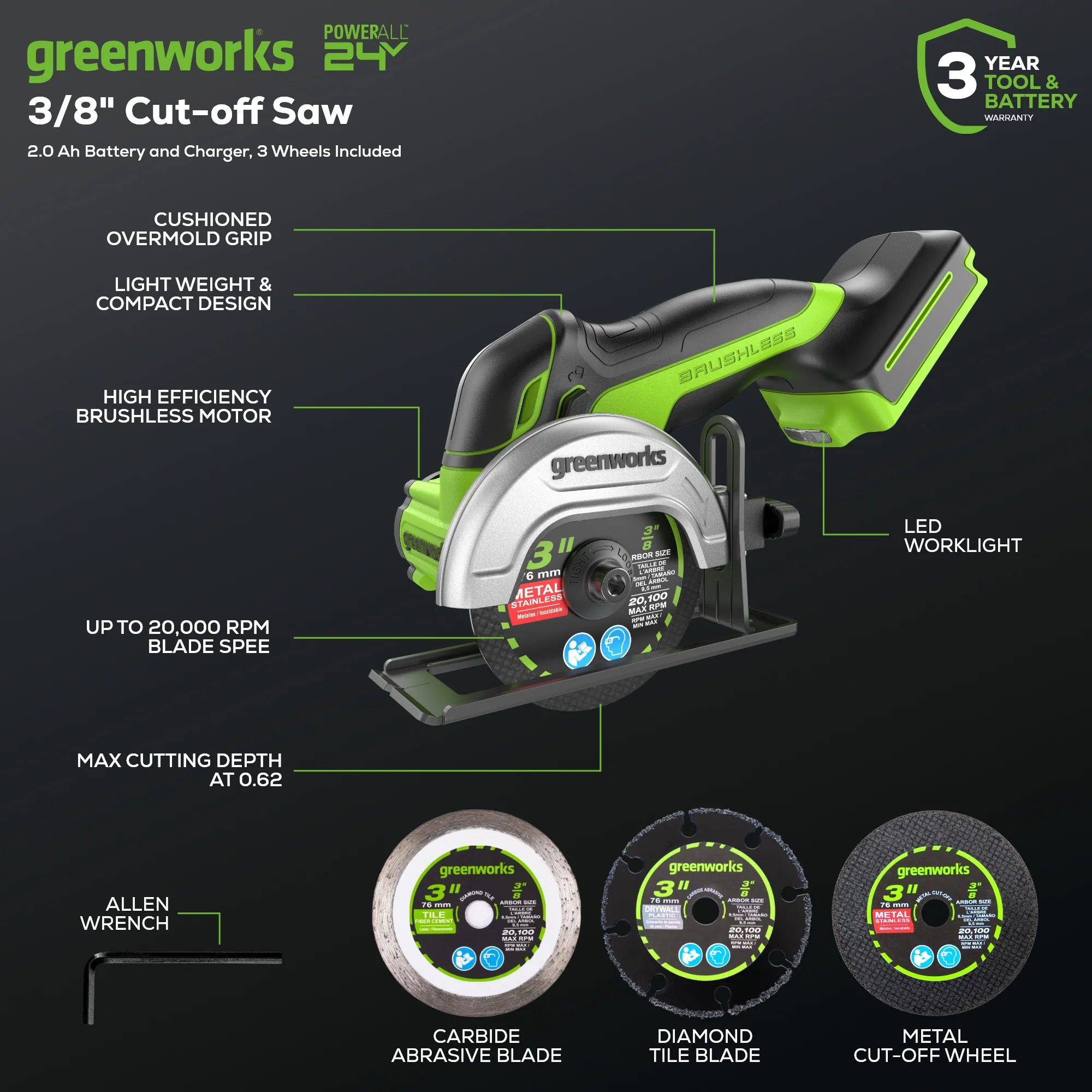 24V Cut-Off Saw w/ 3 Cut-Off Wheels w/ 2.0Ah Battery & Charger