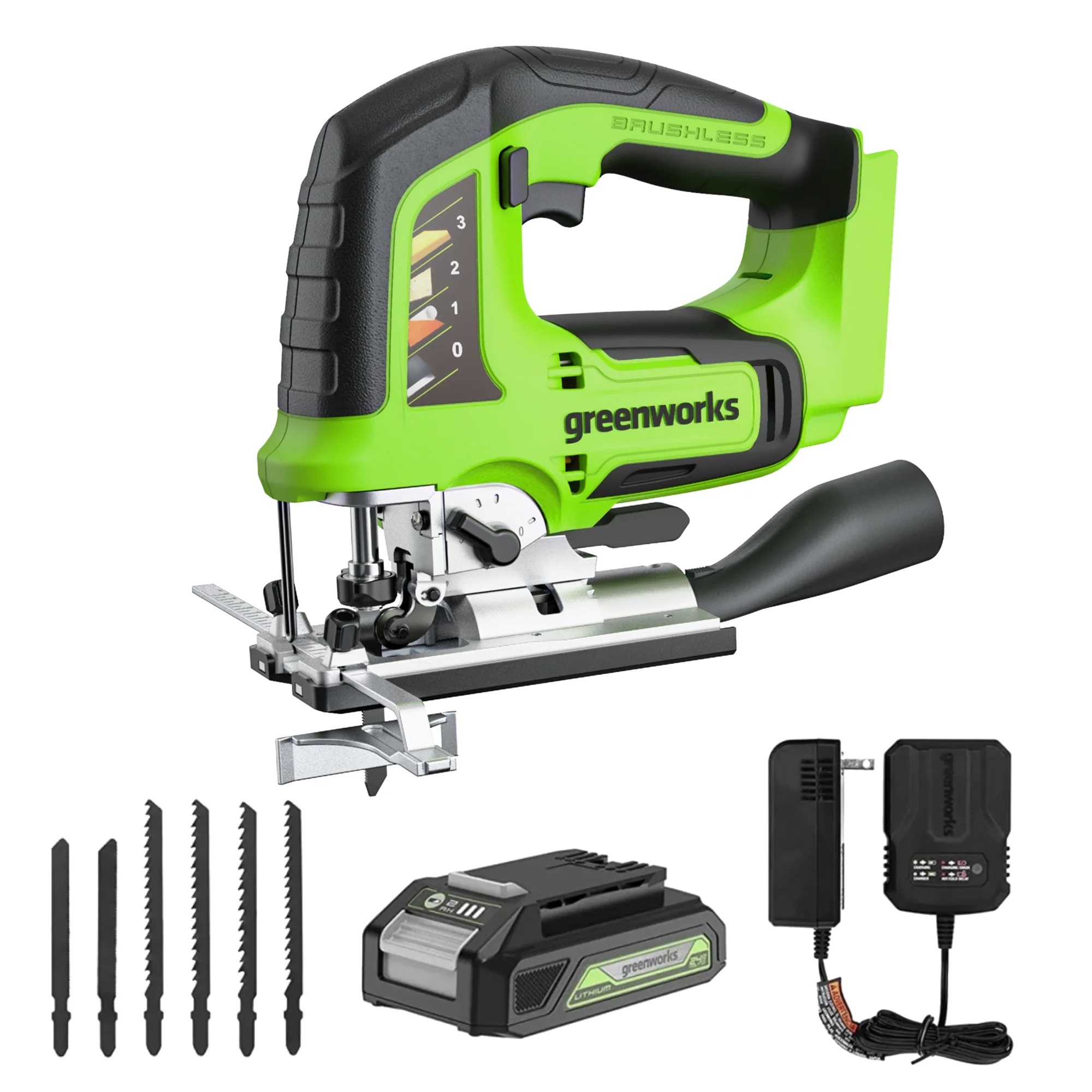 24V Cordless Battery Brushless Jig Saw w/ 2.0 Ah Battery & Charger
