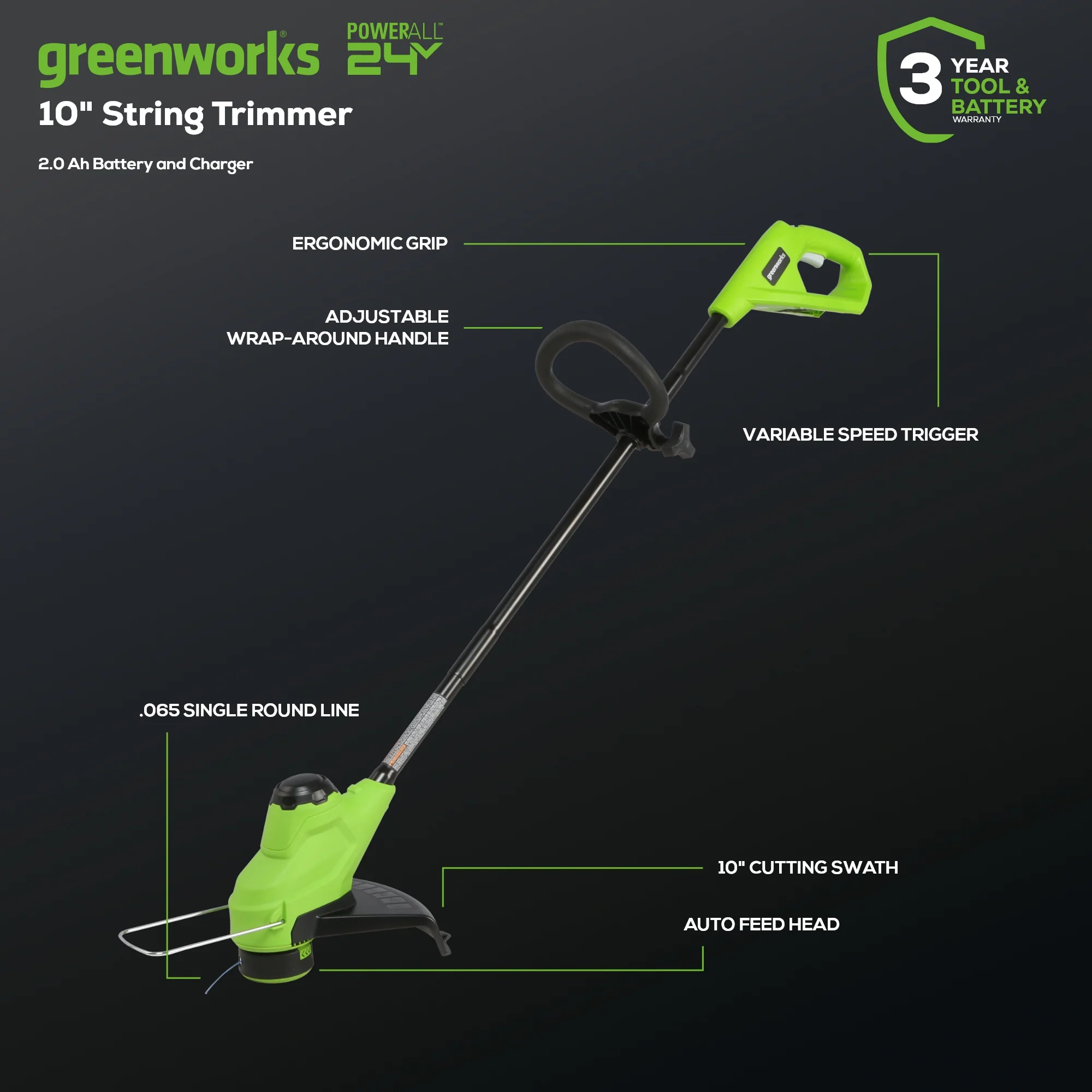24V 10 Cordless Battery String Trimmer w/ 2.0 Ah USB Battery & Charger