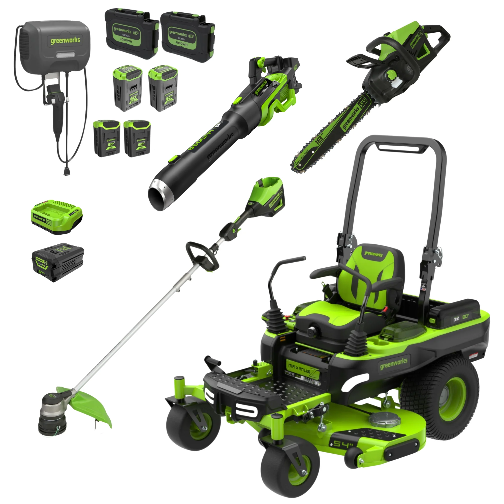 60V 54 MaximusZ Zero Turn Riding Mower 4PC Combo Kit with (2) 20.0 Ah, (2) 8.0 Ah, (2) 4.0 Ah & (1)2.5Ah Batteries and (2) Charger
