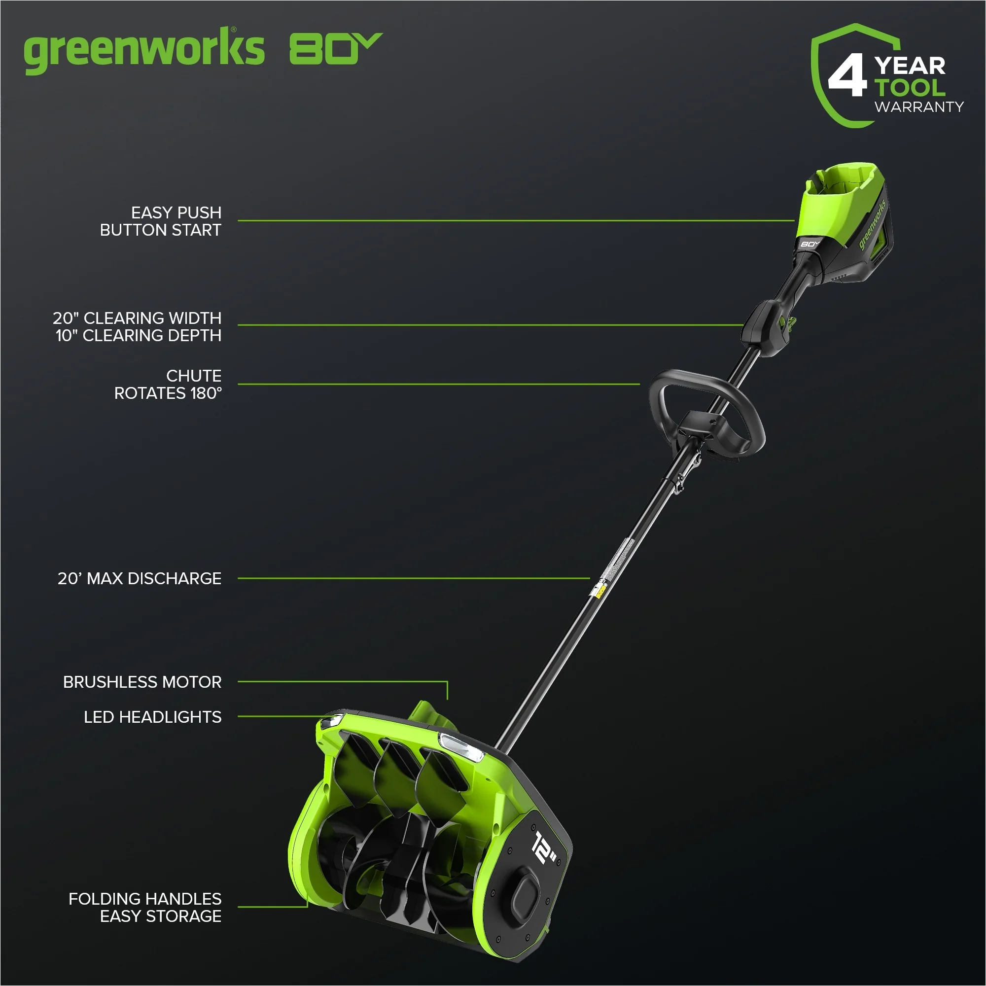 RENEWED 80V 12 Cordless Battery LED Snow Shovel w/ Directional Vanes, 4.0Ah Battery and Charger