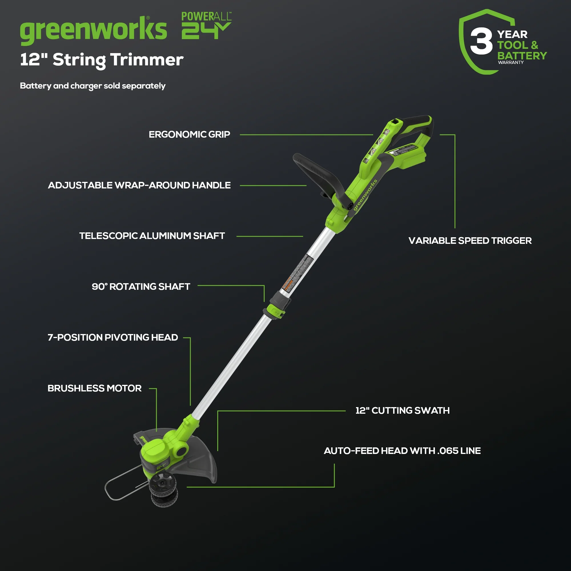 24V 12 Cordless Battery String Trimmer & Edger (Tool Only)
