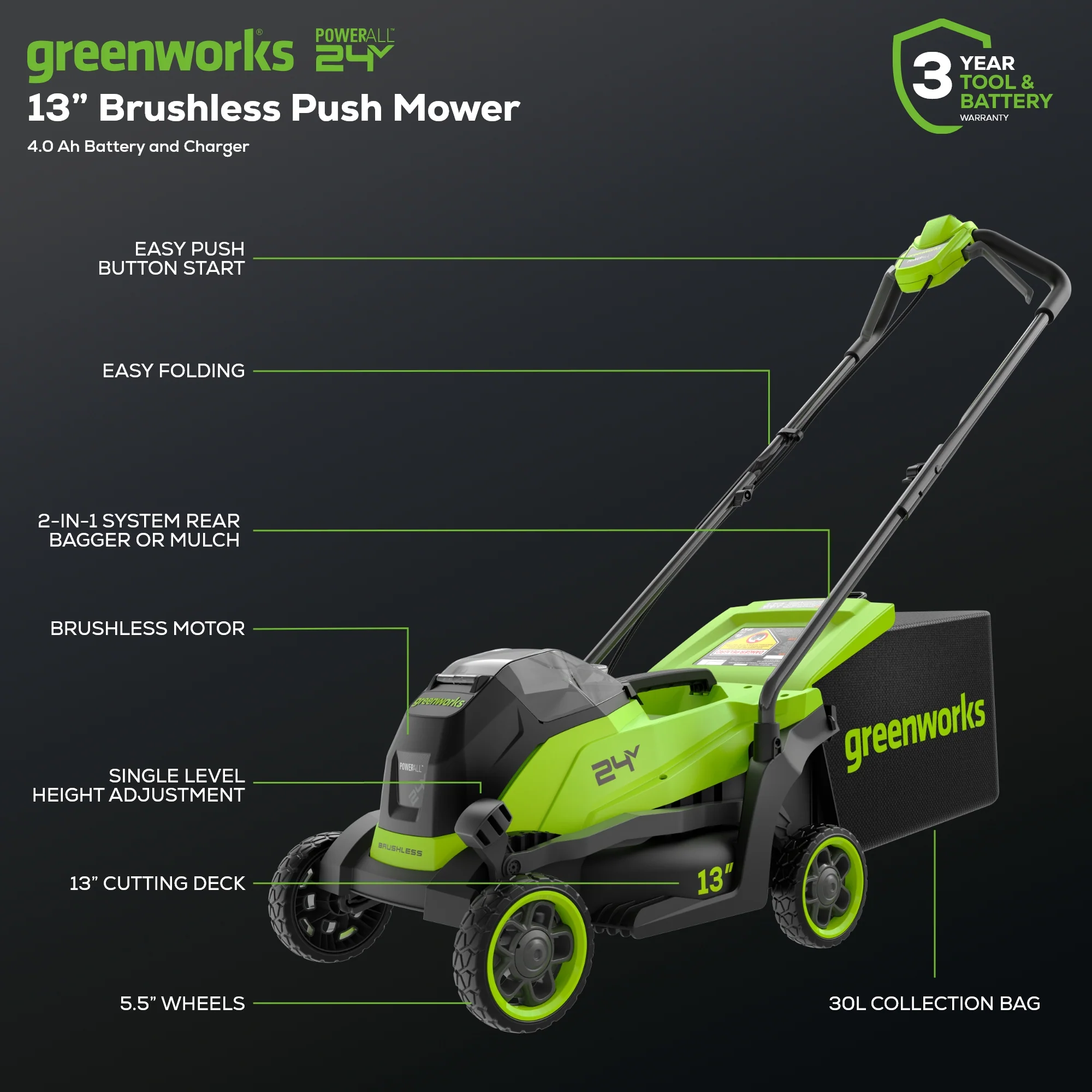 24V 13 Cordless Battery Brushless Push Lawn Mower w/ 4.0Ah Battery & Charger
