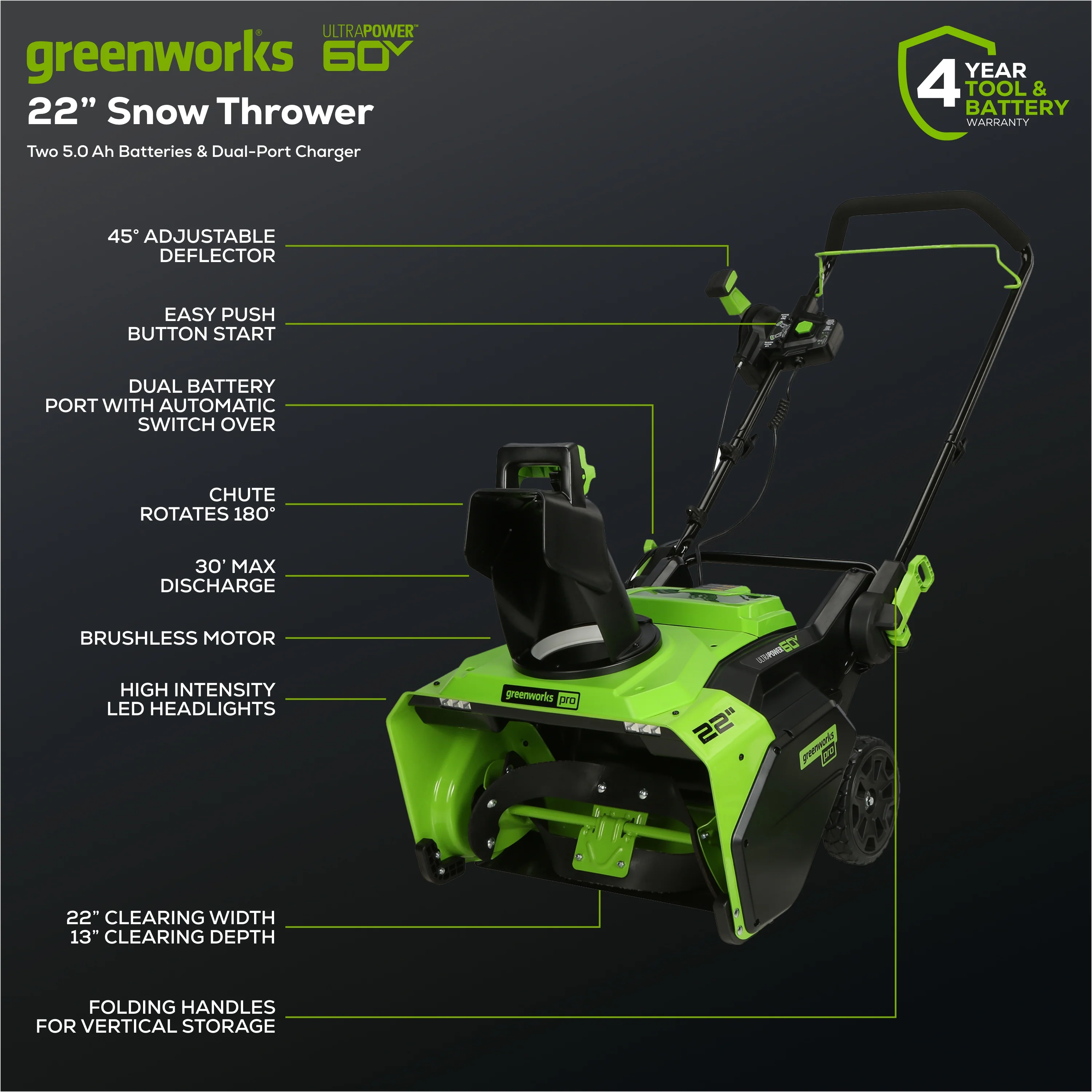 60V 22 Cordless Battery Single-Stage Snow Blower w/ Two (2) 5.0 Ah Batteries & Dual-Port Charger