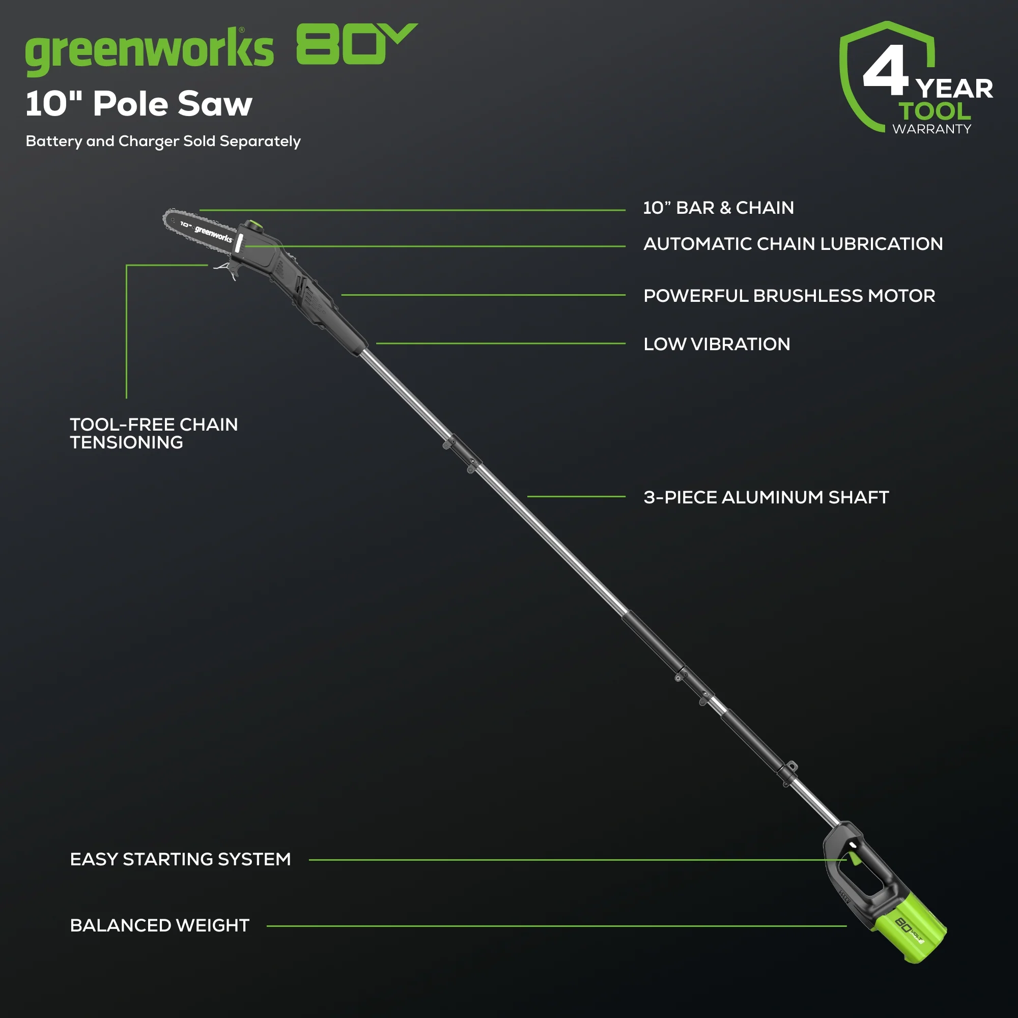 80V 10 Cordless Battery Pole Saw (Tool Only)