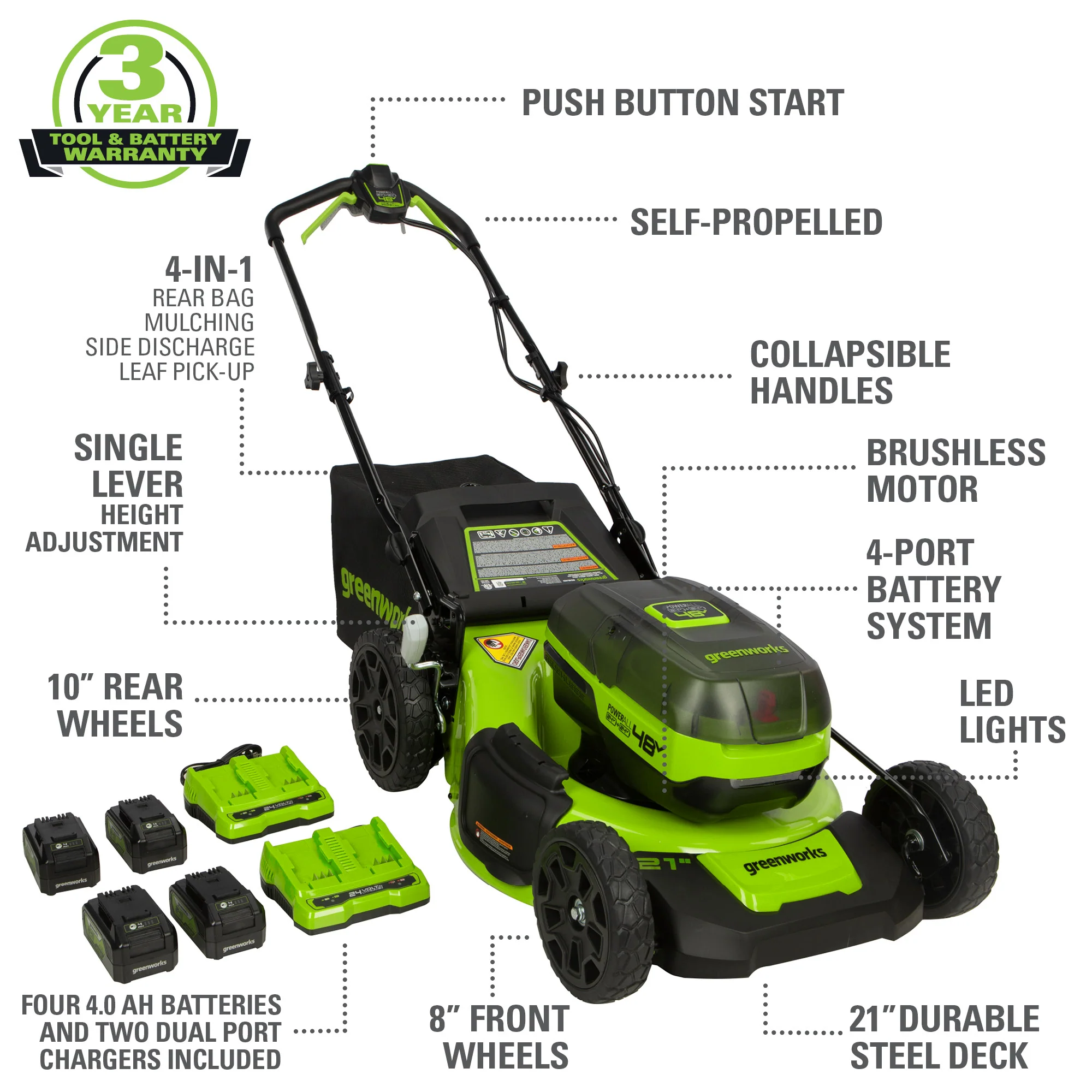 48V (2x24V) 21 Cordless Battery Self-Propelled Lawn Mower w/ (4) 4.0Ah Batteries & (2) Dual Port Chargers