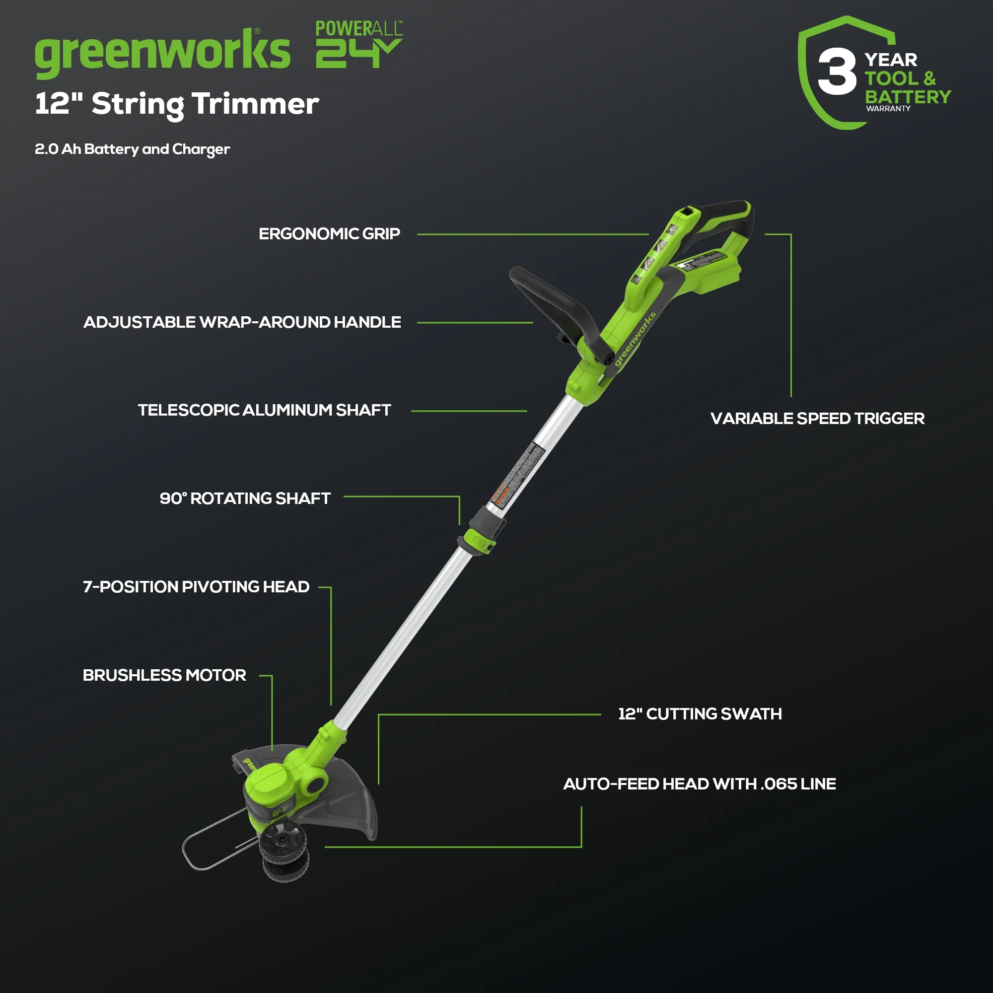 24V 12 Cordless Battery String Trimmer & Edger w/ 2.0Ah USB Battery & Charger
