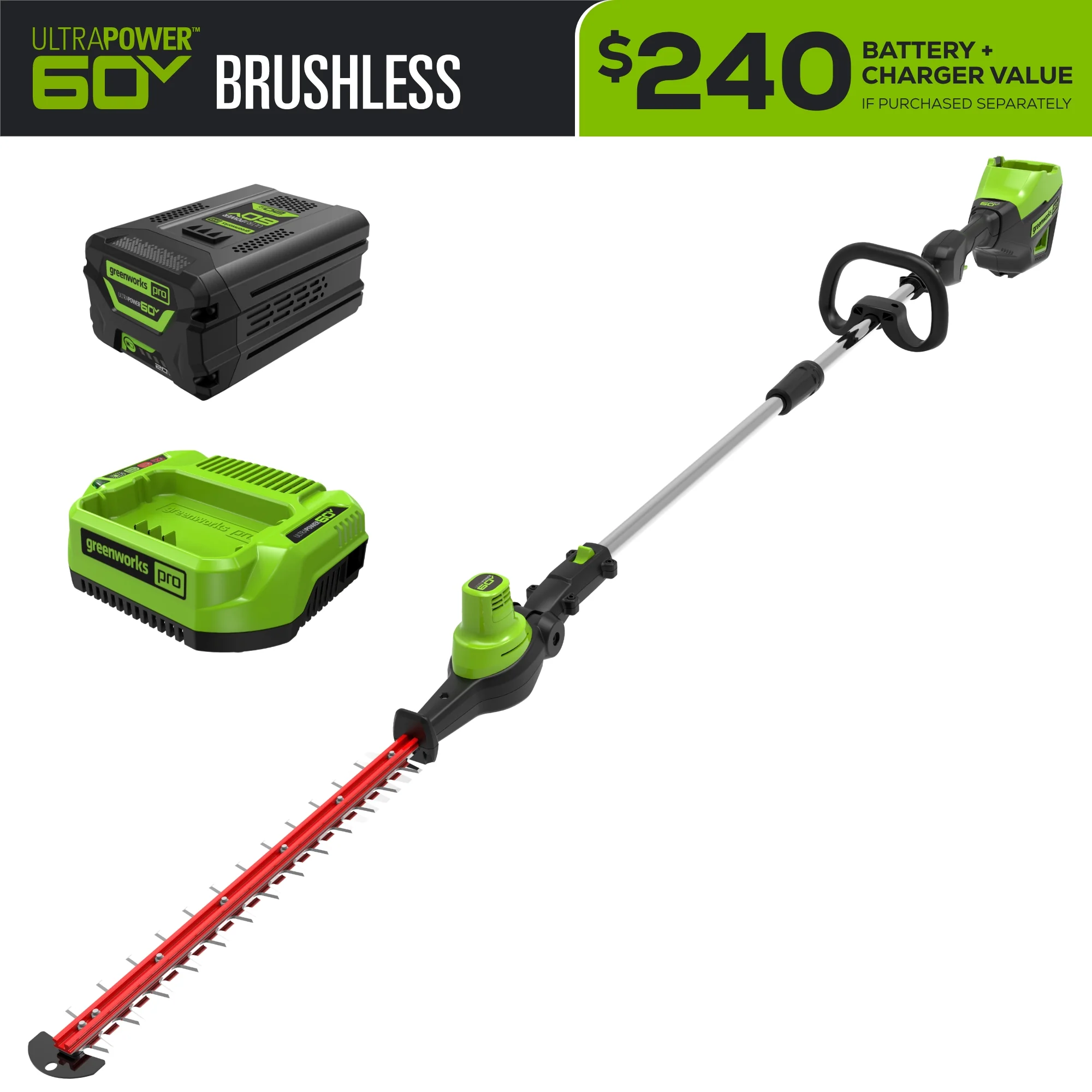 60V 20 7-Position Cordless Battery Pole Hedge Trimmer w/ 2.0 Ah Battery & Charger