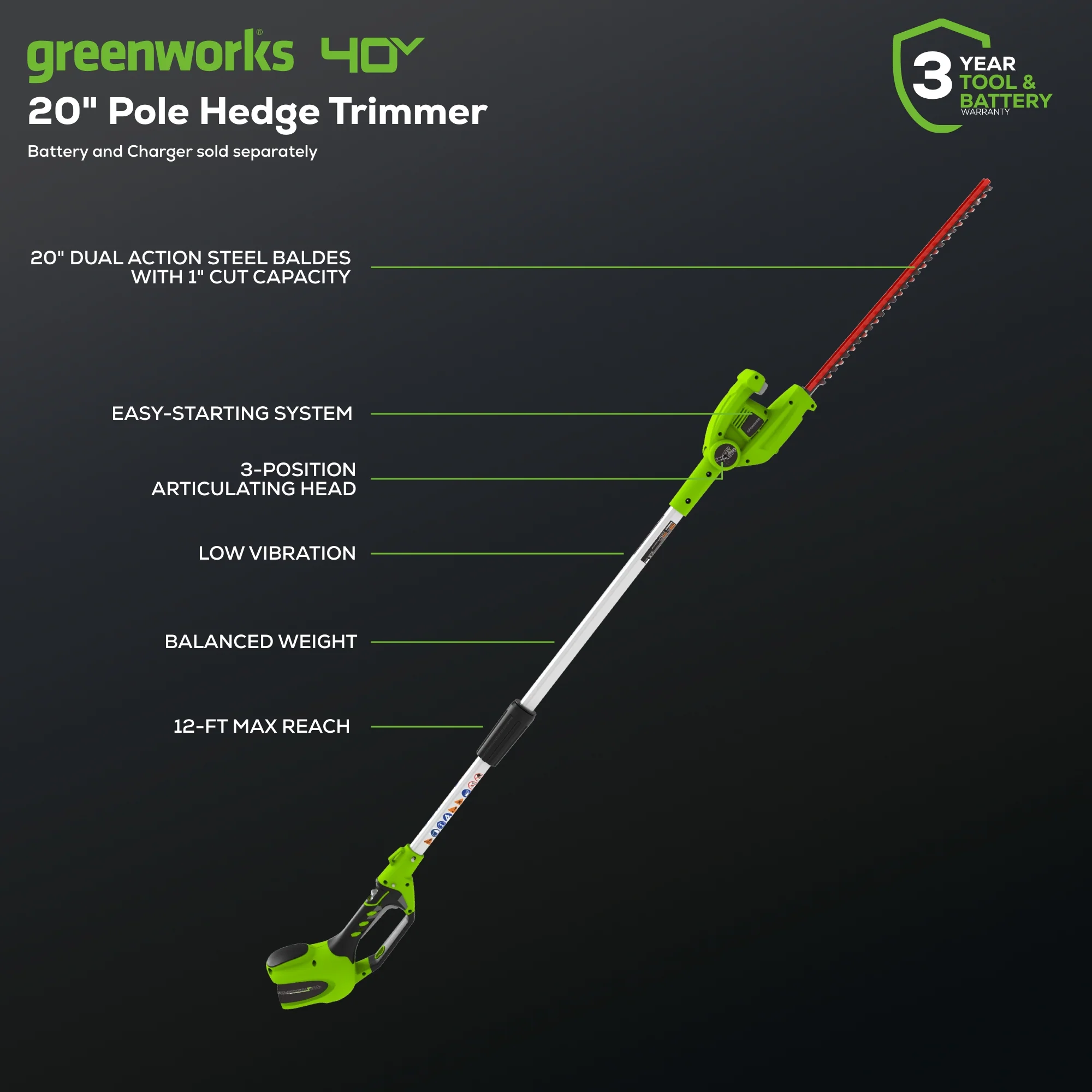 40V 20 Cordless Battery Pole Hedge Trimmer (Tool Only)