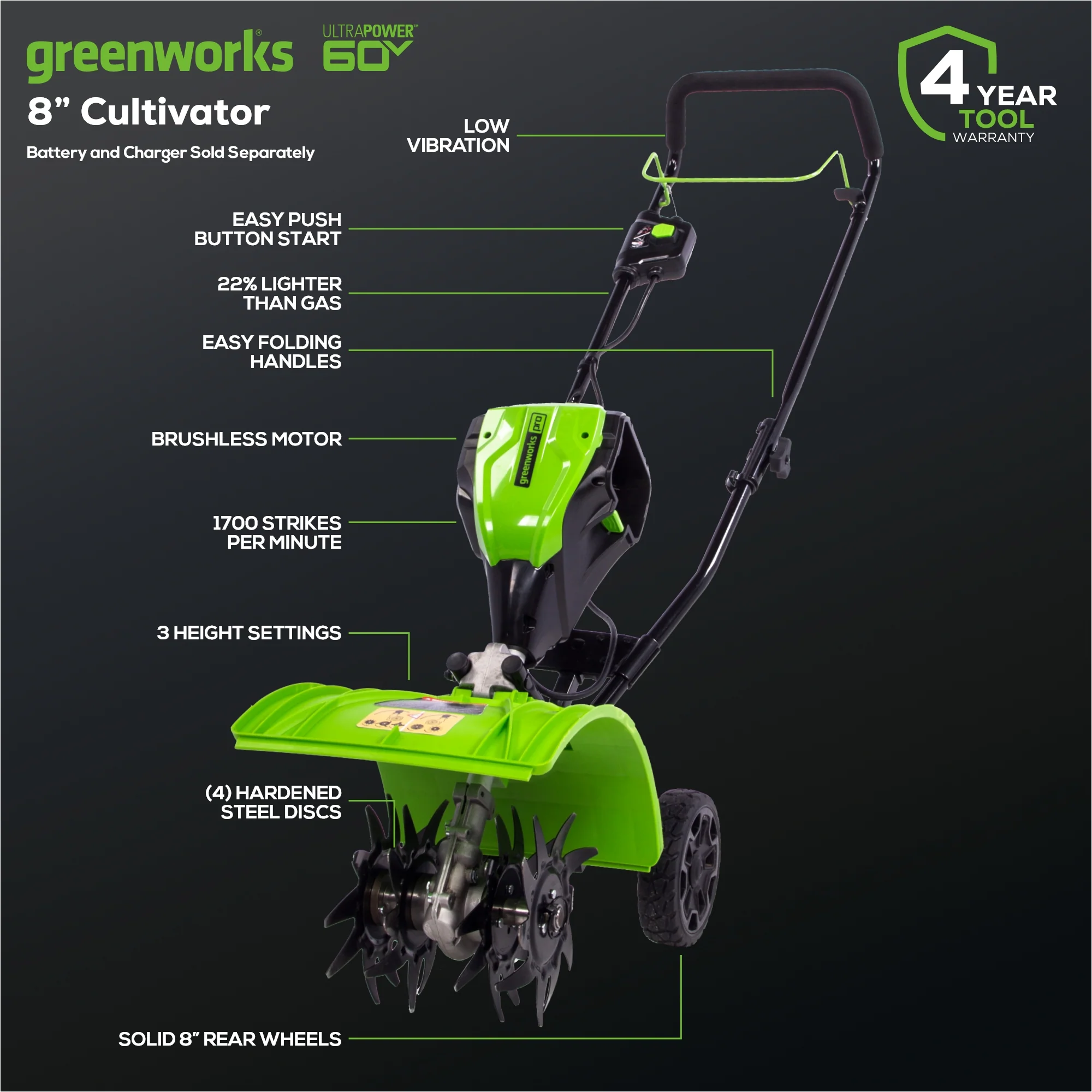 60V 8 Cordless Battery Cultivator / Tiller (Tool Only)