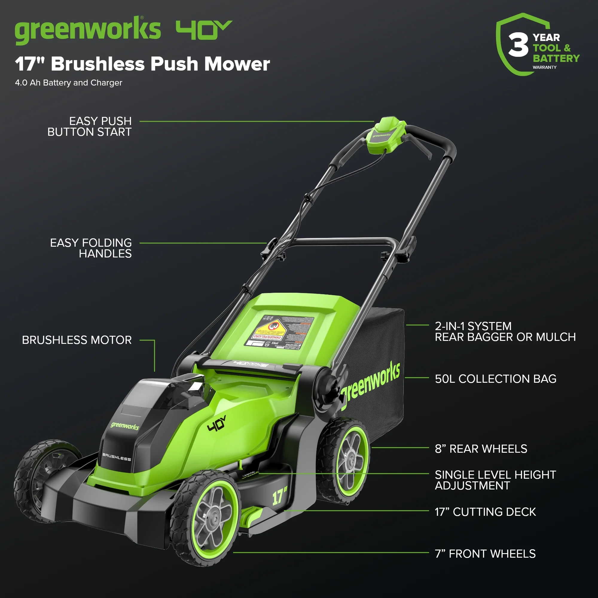 40V 17 Cordless Battery Brushless Push Lawn Mower w/ 4.0Ah Battery & Charger