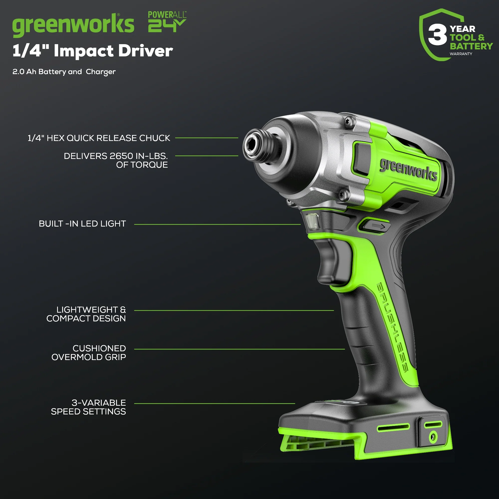 24V 1/4 2650 in/lbs Brushless Impact Driver w/ 2.0Ah USB Battery & Charger