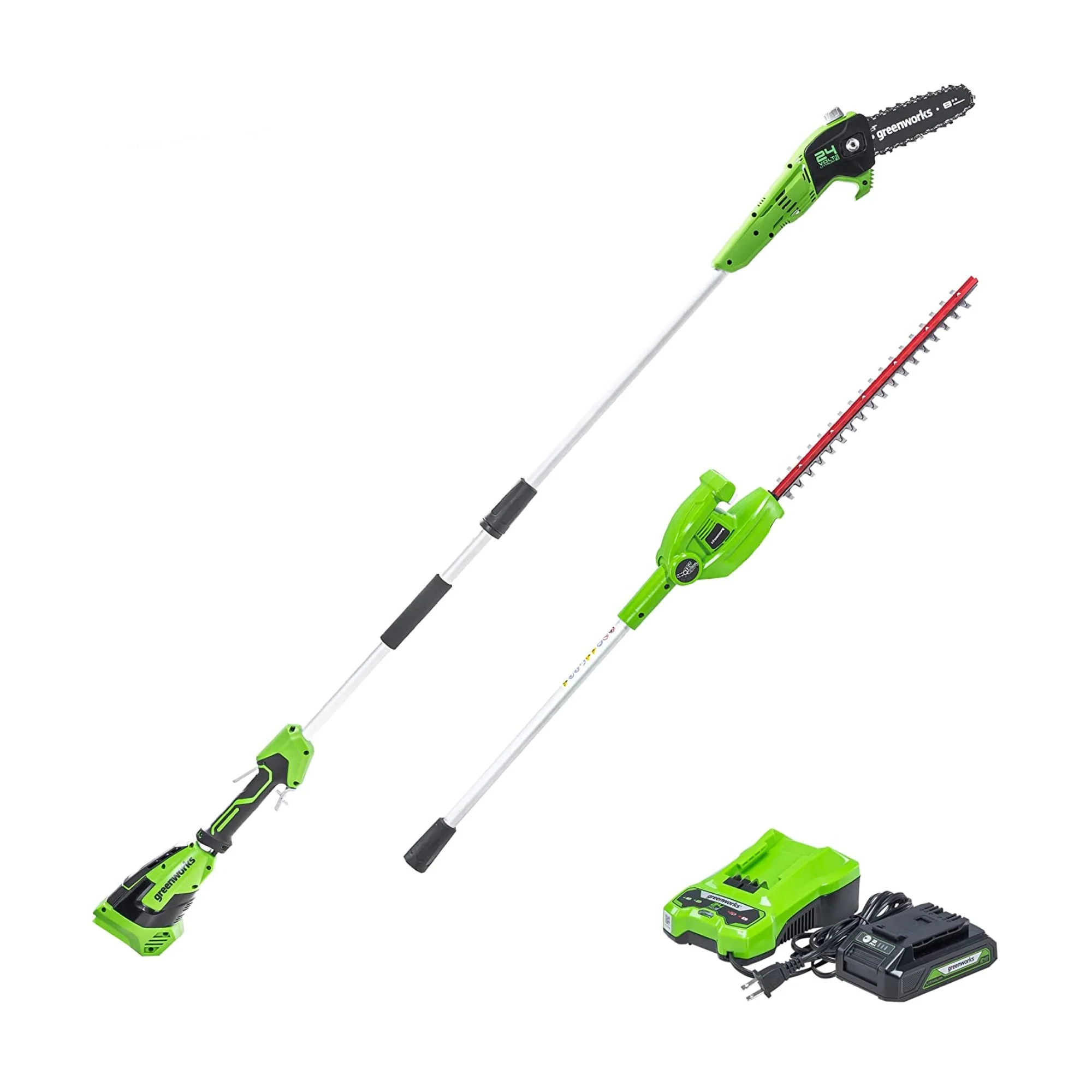 24V 8 Cordless Battery Polesaw & Pole Hedge Trimmer Combo Kit w/ 2Ah USB Battery and Charger